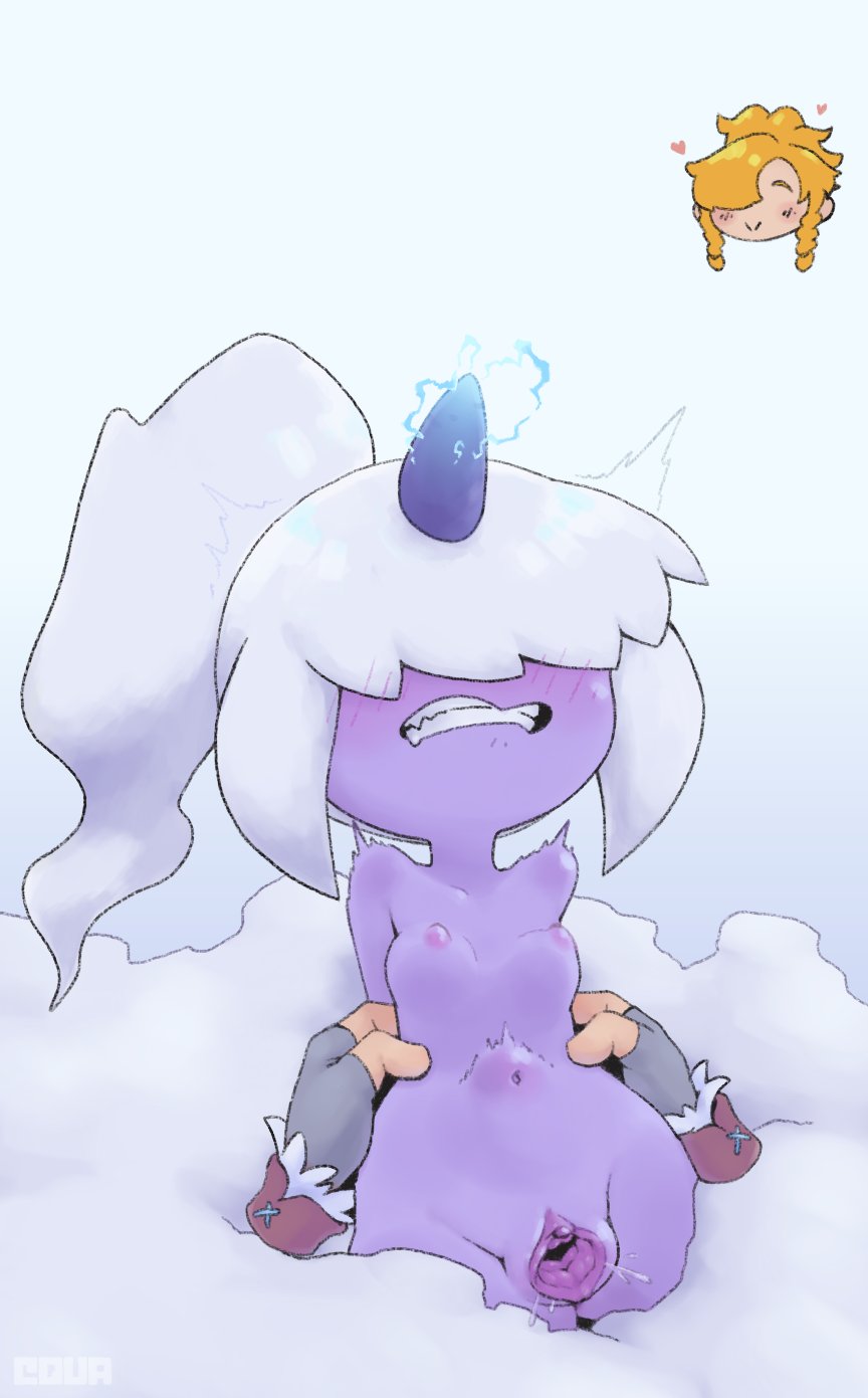 1boy, 1girls, artist request, atqua, blush, breasts, dazzi (pal), fangs, female, hidden eyes, human, invisible penis, male, pal (species), palphilia, palworld, penetration, penile, penile penetration, penis, penis in pussy, ponytail, purple body, pussy, raijin daughter, sex, small breasts, smaller female, tagme, vagina, vaginal, vaginal penetration, vaginal sex, white hair