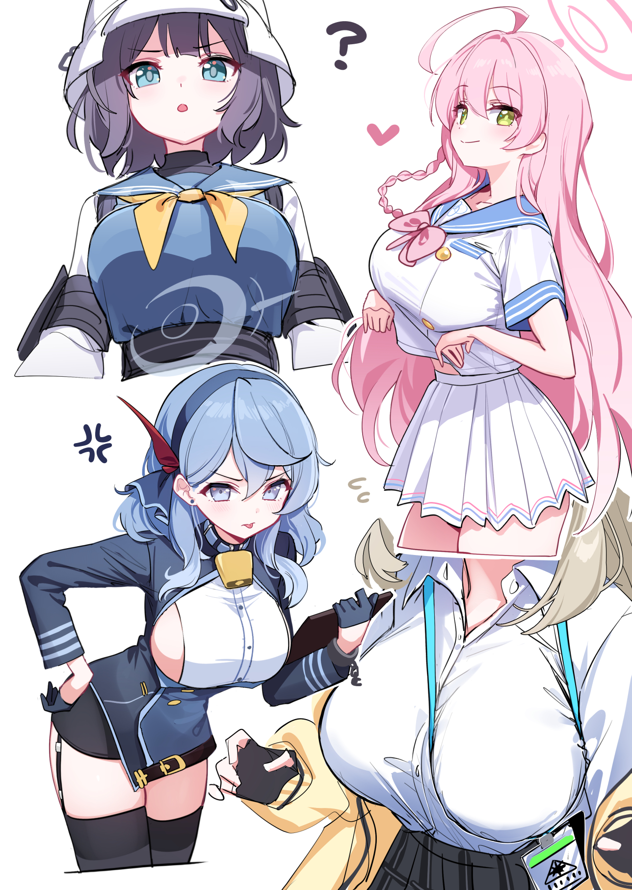 ?, 4girls, abydos high school logo (blue archive), abydos high school student, ako (blue archive), anger symbol, angry, annoyed, black gloves, black hair, blue archive, blue eyes, blue hair, blush, breasts, clothed, clothing, deadnoodles (@deadnooodles), eyebrows visible through hair, female, female only, fingerless gloves, foreclosure task force (blue archive), garter straps, gloves, green eyes, halo, hanako (blue archive), heart, huge breasts, light skin, light-skinned female, make-up work club (blue archive), nonomi (blue archive), pink hair, prefect team (blue archive), rabbit squad (blue archive), saki (blue archive), sideboob, simple background, skirt, srt special academy student, thighhighs, trinity general school logo (blue archive), trinity general school student, white background
