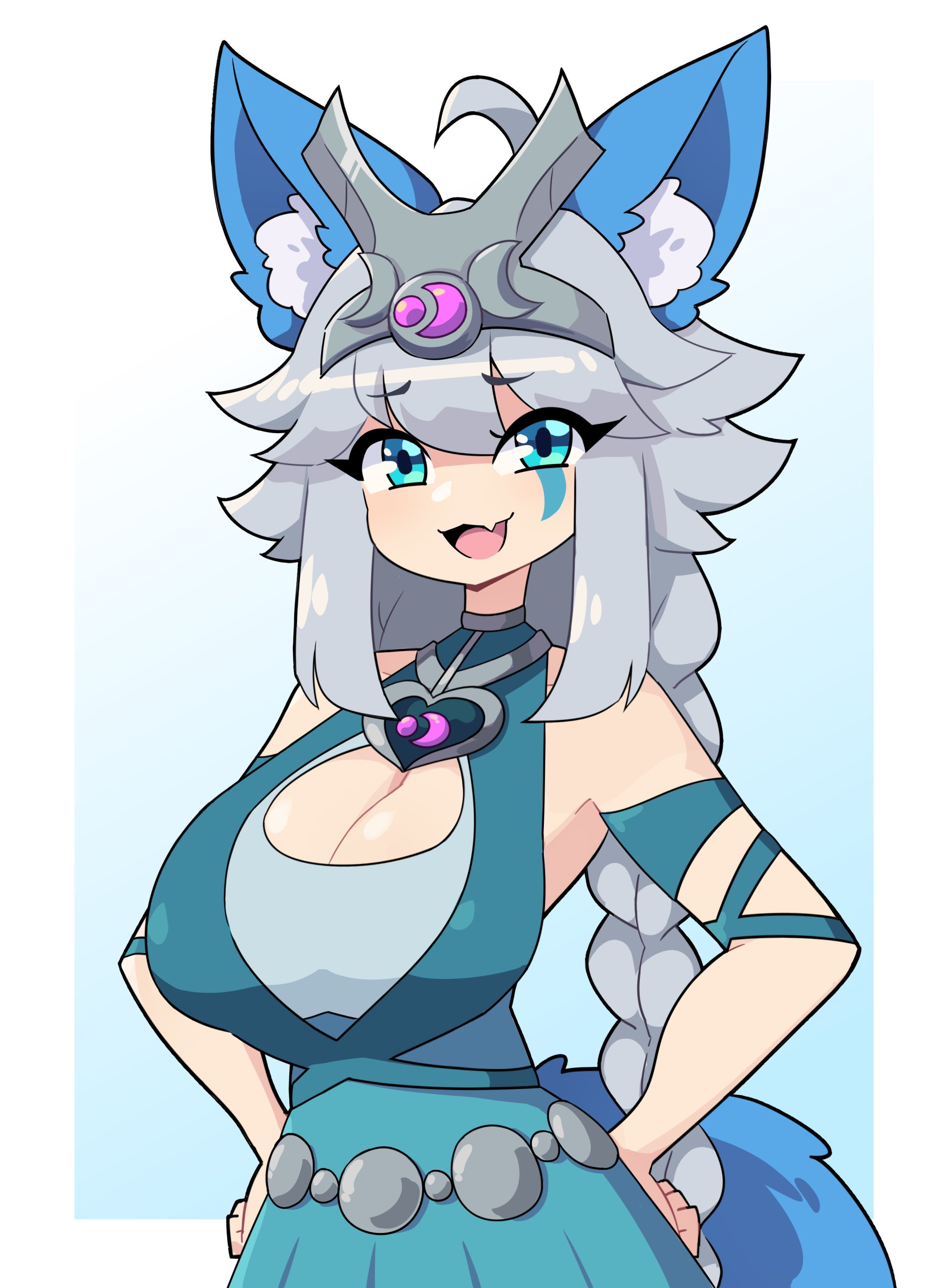 1girls, 2023, animal ears, aqua eyes, big ass ears, big breasts, braid, breasts, cleavage, commission, female, female only, green hair, hands on hips, hi res, io (paladins), j5daigada, long hair, looking at viewer, paladins, smiling, smiling at viewer, solo, tail