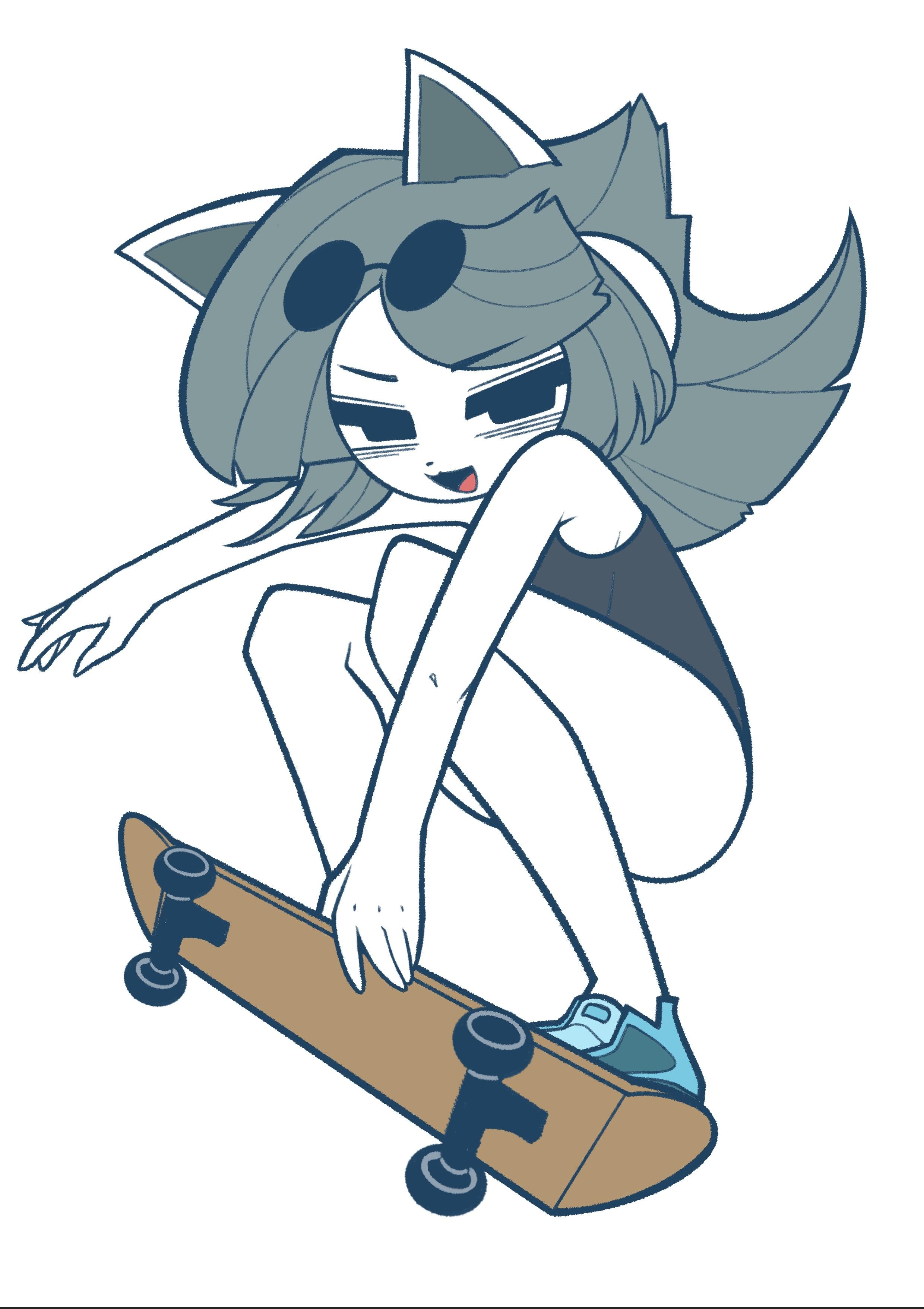 1girls, 4 ears, acrobatic, adorable, anthro, big eyes, breasts, cat ears, cat girl, cat humanoid, cat tail, catgirl, cute expression, cute face, female, goes hard, grey hair, hss dada, large breasts, multi ear, phone, skateboard, temmie, temmie (undertale), undertale, undertale (series)
