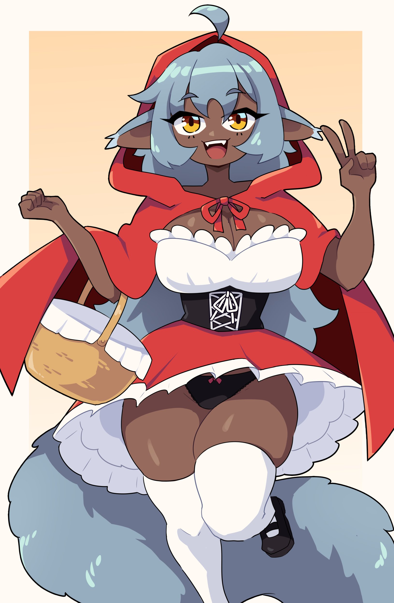 1girls, 2023, ahoge, animal ears, bent leg, big breasts, breasts, cleavage, commission, dark skin, dark-skinned female, fairy tales, female, female only, furry tail, grey hair, hi res, j5daigada, little red riding hood, little red riding hood (copyright), long hair, looking at viewer, mary janes, public domain, shoes, smiling, smiling at viewer, solo, standing on one leg, tail, thick thighs, thigh squish, thighhighs, v sign, white thighhighs, yellow eyes