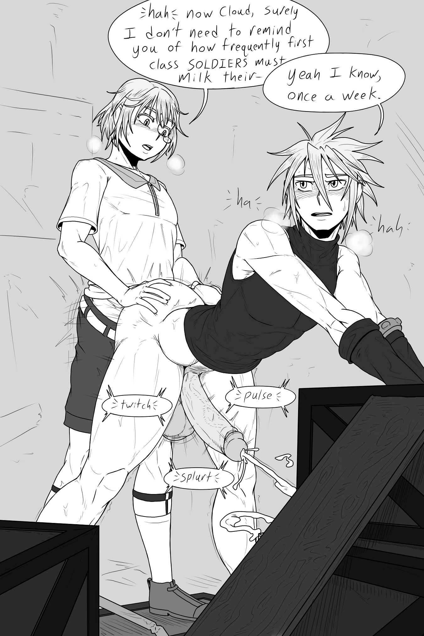 2boys, balls, big penis, chadley (ff7), cloud strife, cum, dialogue, ejaculation, english text, final fantasy, final fantasy vii, final fantasy vii remake, gay, gloves, hands-free, handsfree ejaculation, huge balls, huge cock, hung bottom, kiahl, lobsterkiahl, male, male focus, male only, male/male, monochrome, muscular, muscular male, penis, skinny, small dom big sub, spread legs, text, yaoi