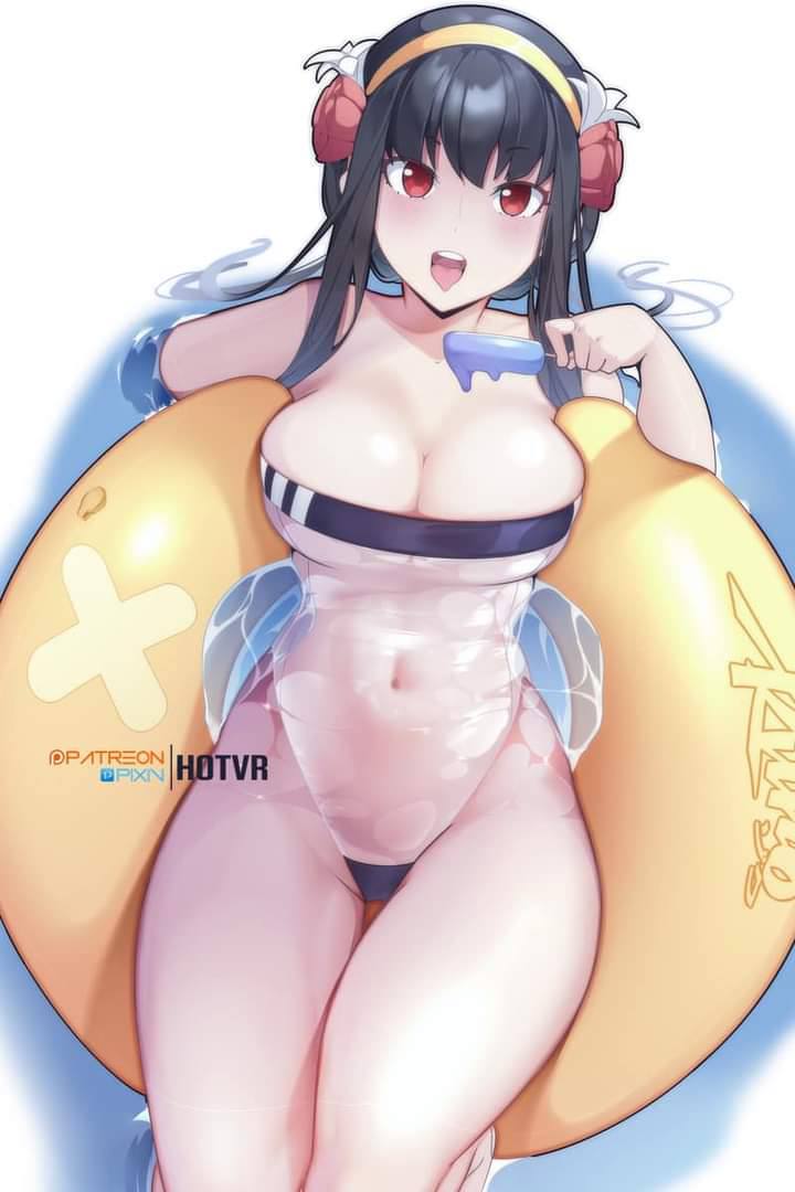 1girls, black hair, female, female only, hotvr, human, innertube, popsicle, see-through, solo, spy x family, swimsuit, tagme, water, white skin, yor briar