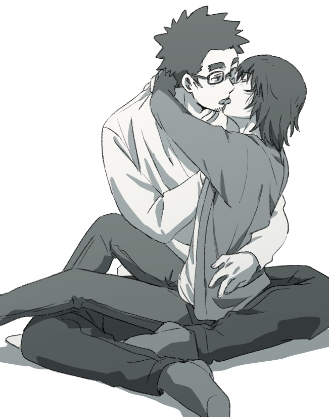 eyewear glasses jumbo kissing male male_only tagme takashi_takeda white_background yaoi yotsuba&! yousuke_koiwai