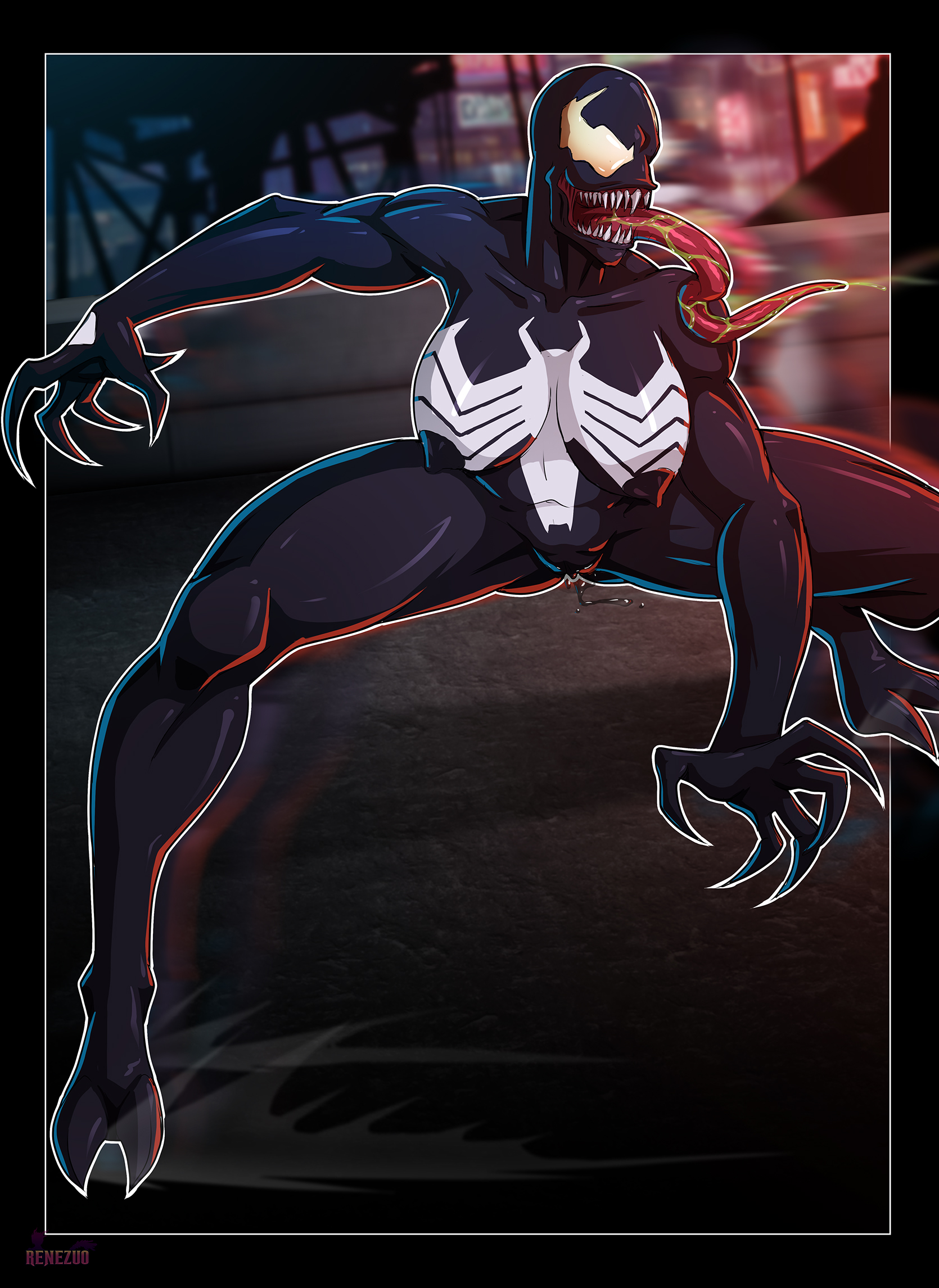 1girls, 2023, big breasts, breasts, cameltoe, female, female only, hi res, long tongue, marvel, marvel comics, nipples, pussy, pussy juice, renezuo, sharp fingernails, sharp teeth, she-venom, solo, spider-man (series), symbiote, thick thighs, tongue, tongue out, venom (marvel)