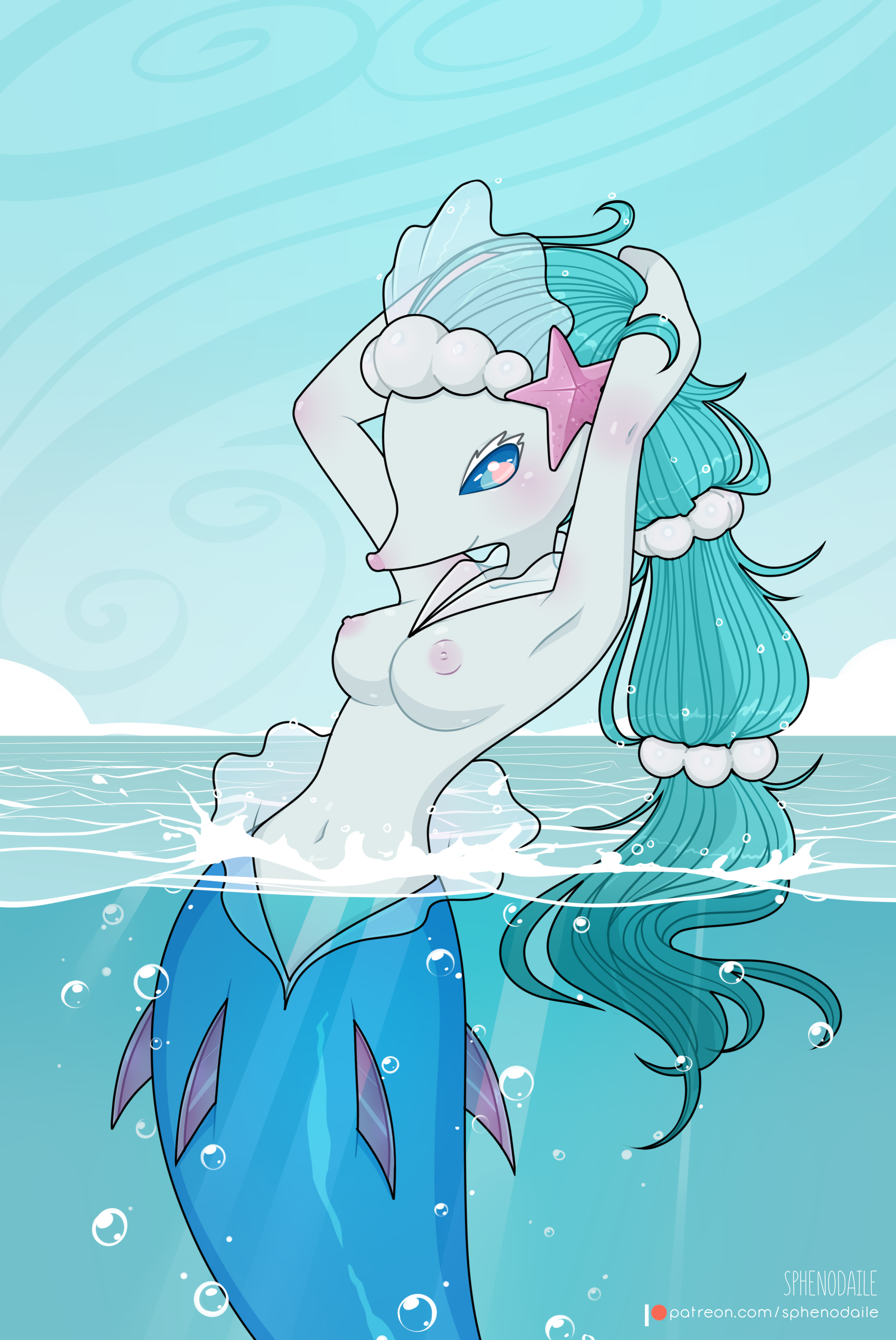 absurd res, animal nose, anthro, armpits, arms up, blue body, blue eyes, blue hair, blue tail, blush, breasts, eyelashes, female, frill (anatomy), furry, hi res, in water, looking at viewer, mammal, marine, medium breasts, narrow waist, navel, nintendo, nipples, outdoors, patreon username, pokemon, pokemon (species), primarina, smile, solo, sphenodaile, starfish (accessory)