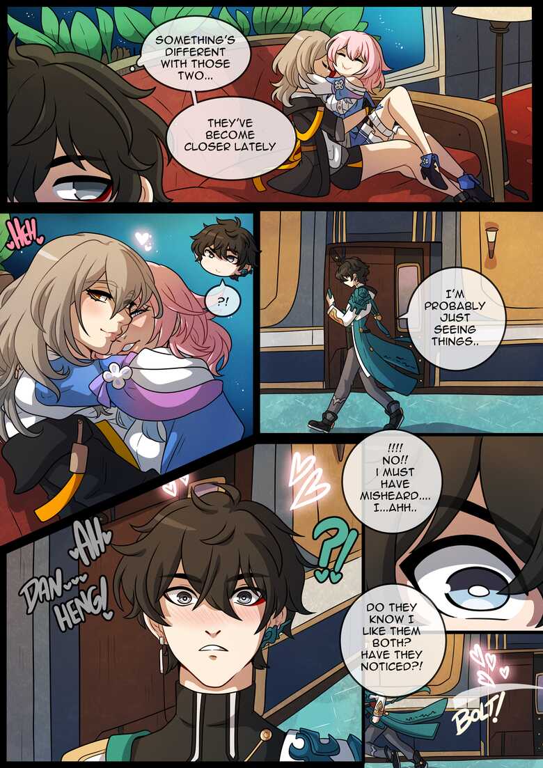 1boy, 2girls, comic, dan heng, embarrassed, english text, female, honkai: star rail, inviting, kinkymation, male, march 7th (honkai: star rail), stelle (honkai: star rail), text, throuple