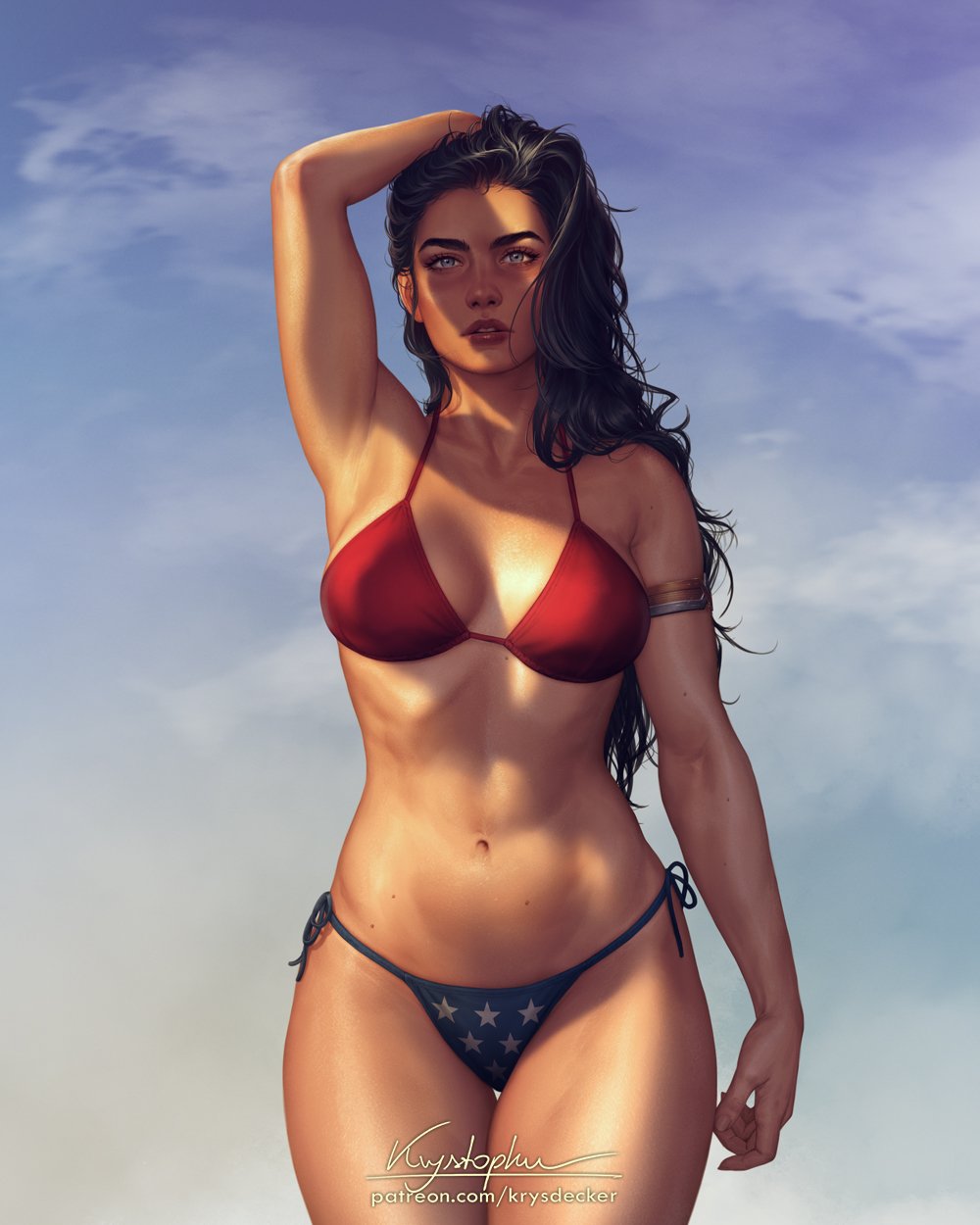 1girls, american flag, american flag bikini, arm up, armlet, bikini, black hair, blue eyes, cropped legs, dc, dc comics, diana prince, female, female only, fully clothed, hi res, krysdecker, looking at viewer, olive skin, red bikini, side-tie bikini, signature, solo, solo female, swimsuit, wonder woman, wonder woman (series)
