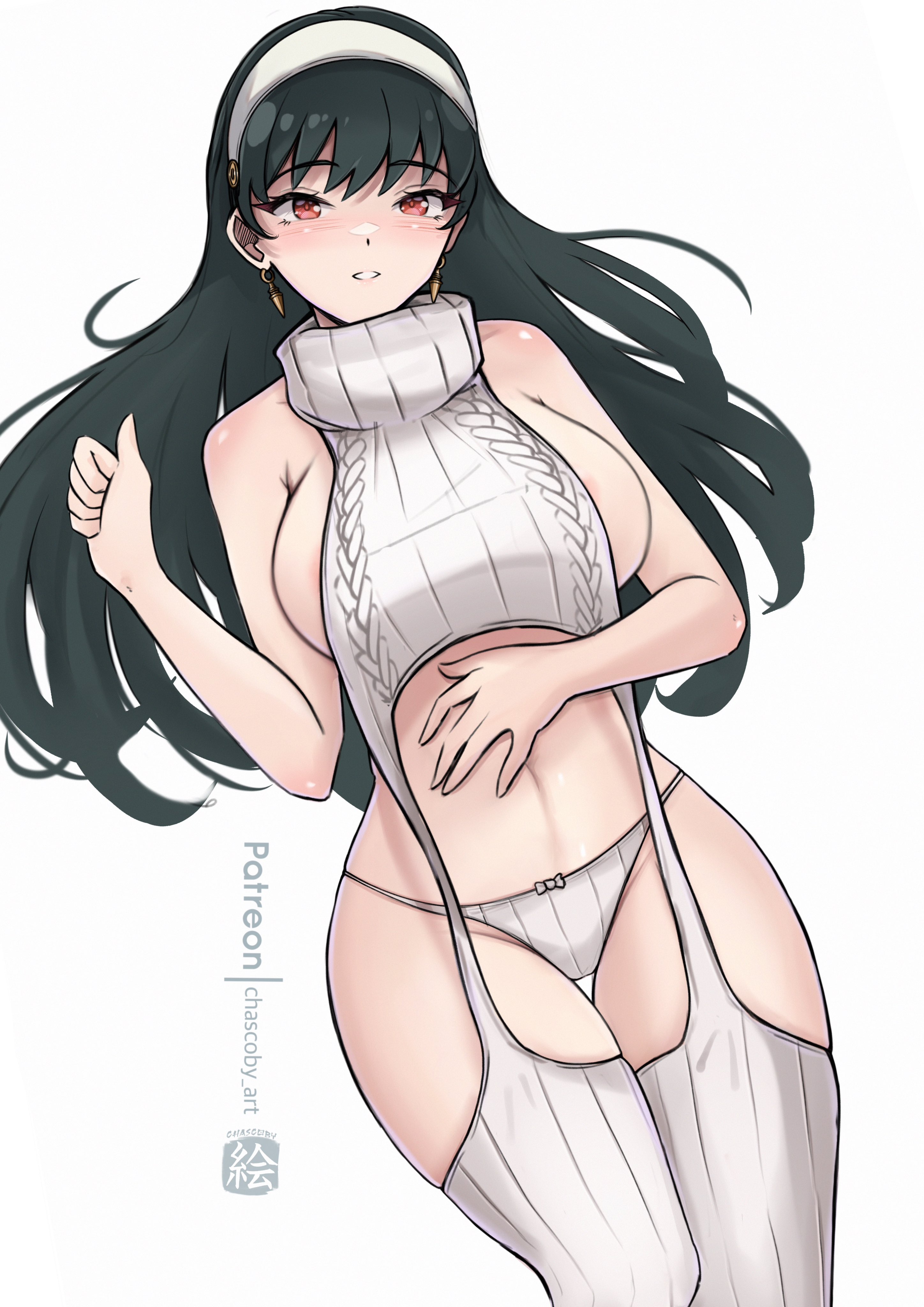 1girls, black hair, chascoby, female, female only, human, solo, spy x family, tagme, thigh gap, virgin killer sweater, white skin, yor briar, yor forger