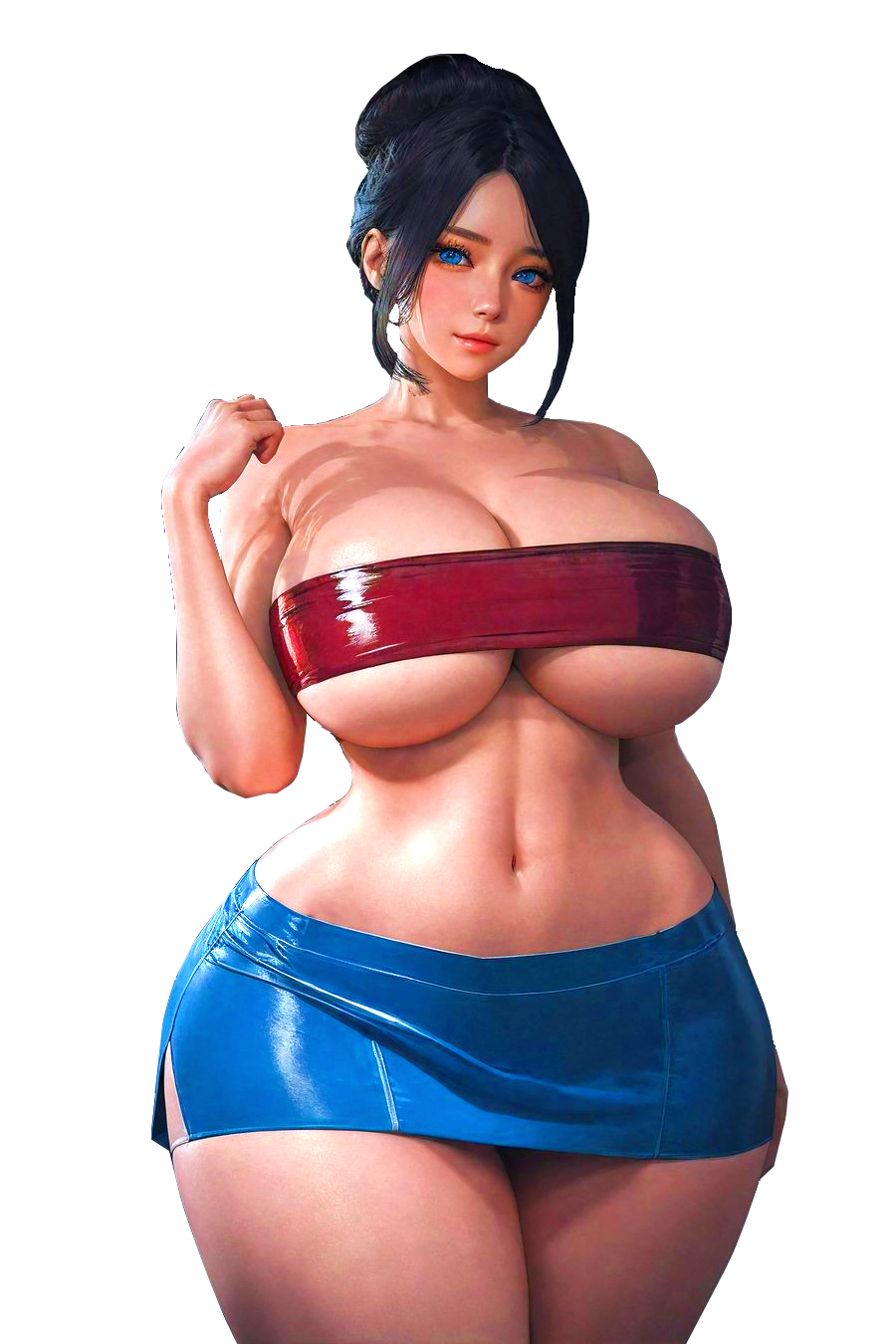 1girls ai_generated belly belly_button big_breasts black_hair blue_eyes blue_miniskirt blue_skirt busty curvy female female_focus female_only huge_breasts looking_at_viewer mommy stomach thick thick_thighs transparent_background voluptuous wide_hips