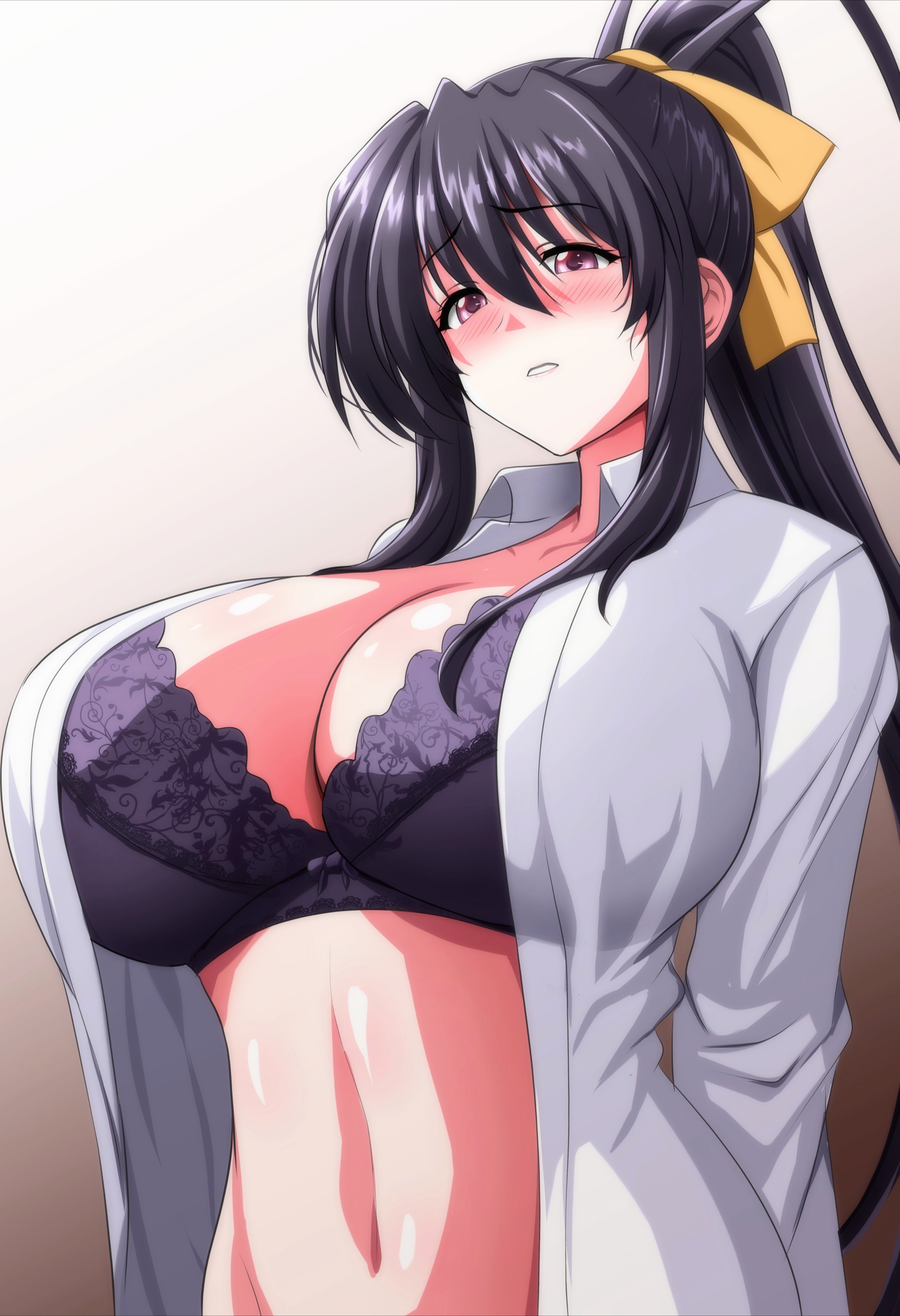 1girl, absurdres, akeno himejima, arms behind back, big breasts, black bra, black hair, blush, blush lines, blushing, bra, breasts, brown background, brown eyes, cleavage, collarbone, collared shirt, commentary request, dress shirt, gradient background, hair between eyes, hair ribbon, hair up, high ponytail, high school dxd, highres, himejima akeno, lace trim, lace-trimmed bra, large breasts, long hair, long sleeves, looking at viewer, navel, open clothes, open shirt, parted lips, ponytail, purple eyes, ribbon, shirt, sidelocks, simple background, solo, steam erobou, underwear, upper body, white background, white shirt