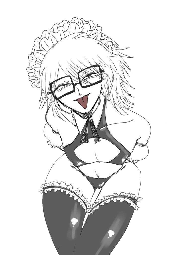 arms_behind_back big_thighs black_outfit femboy feminine_male gay glasses lingerie lingerie_bra maid maid_lingerie maid_male maid_outfit messy_hair randal_ivory randals_friends ranfren square_glasses thigh_highs thighs tongue tongue_out wide_thighs