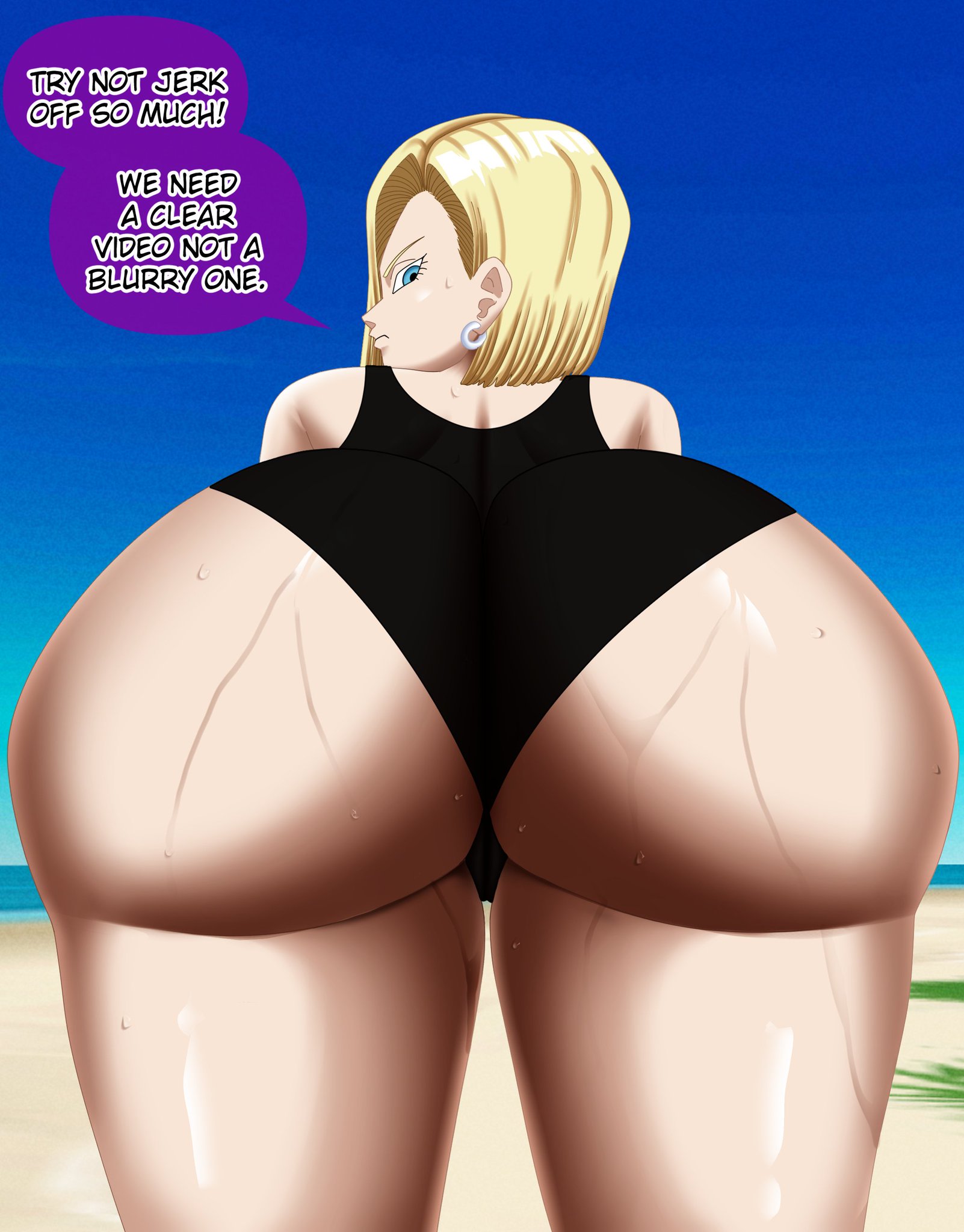 1girls, android 18, ass, big ass, big butt, black, black panties, blonde hair, blue eyes, blue hair, doompypomp, dragon ball, dragon ball z, earrings, fat ass, female, female only, large ass, looking at viewer, looking back, milf, navel, panties, socks, solo, solo female, solo focus, sweat, sweatdrop, sweaty ass, sweaty butt, text, text bubble, thick thighs, thighs, wide hips