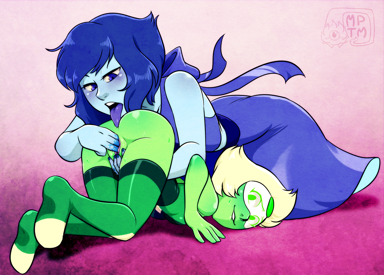 2girls, anilingus, anus, ass, blue dress, blue hair, blue skin, cartoon network, dress, female, female only, fingering, gem (species), green hair, green skin, hair, lapis lazuli (steven universe), multiple females, multiple girls, my pet tentacle monster, oral, peridot (steven universe), pussy, rimjob, rimming, steven universe, thighhighs, yuri
