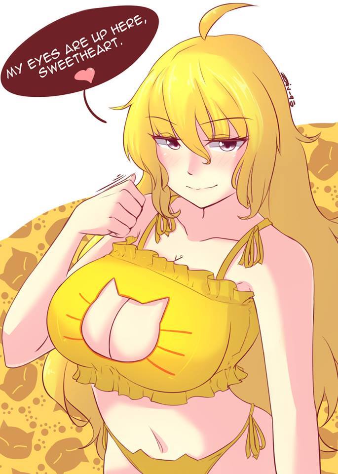1girls, ass length hair, back length hair, big breasts, blonde, blonde female, blonde hair, bra, breasts, cat keyhole bra, cat lingerie, cleavage, dialogue, english text, female, female only, large breasts, lingerie, long hair, looking at viewer, panties, pov, purple eyes, rwby, seductive, seductive look, seductive smile, smirk, smirking, smirking at viewer, solo, speech bubble, spoken heart, suggestive, text, thong, underwear, yang xiao long, z666ful