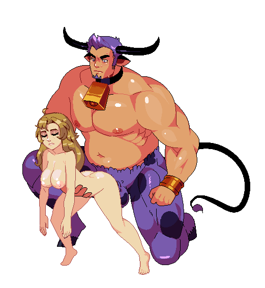 1boy 1girls bovine breeding_season cowbell female female_breeder horns horns_and_hooves hybrid interspecies male nude_female pixel_art s-purple sex size_difference taken_from_behind