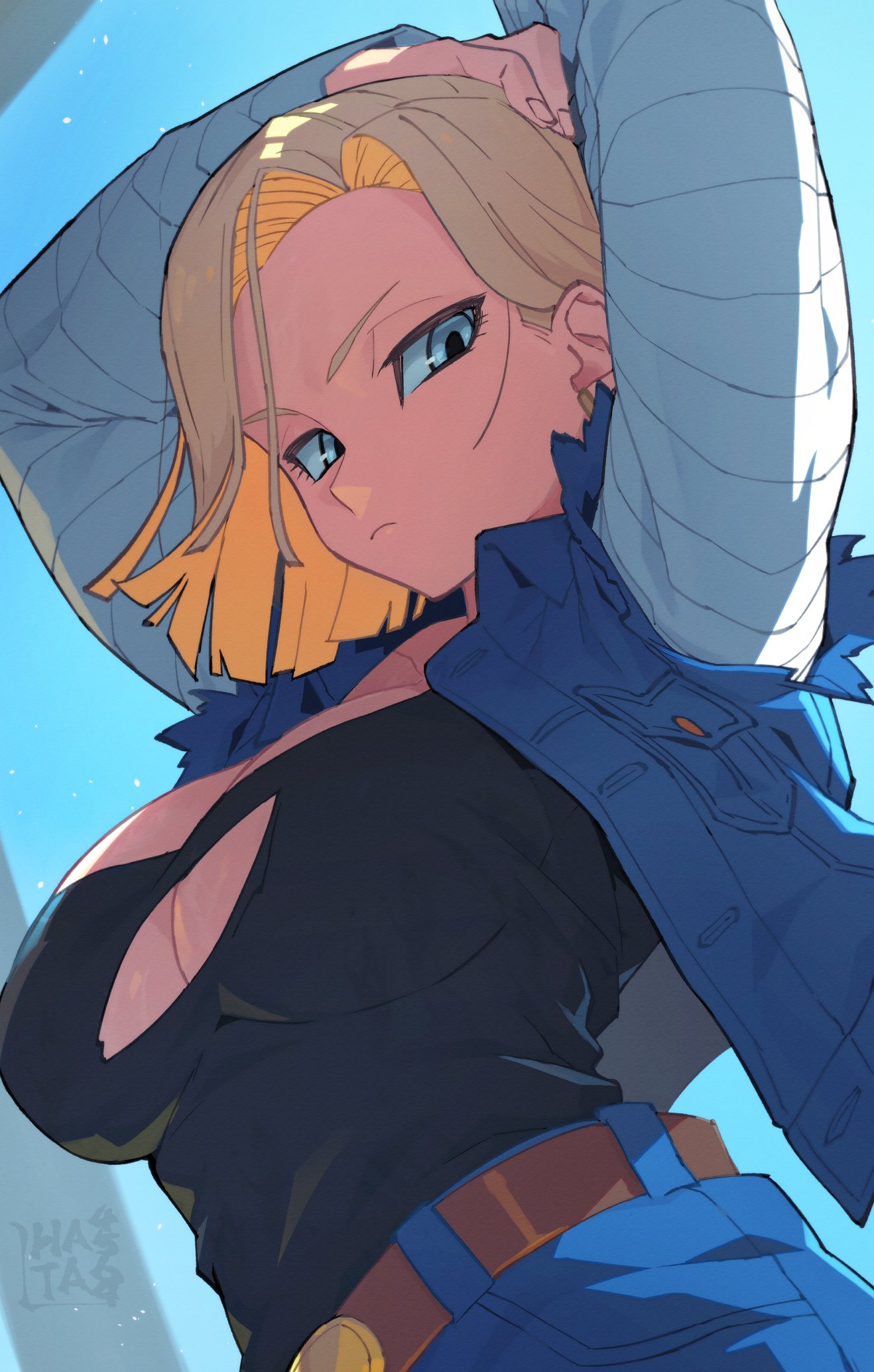 1girls android_18 arm_on_head arm_on_own_head arms_up artist_logo belt belt_buckle big_breasts black_shirt blonde_hair blue_eyes blue_sky breasts brown_belt buckle denim denim_jacket denim_skirt denim_vest dragon_ball dragon_ball_z dutch_angle earrings frown hand_on_head highres jacket jewelry large_breasts lhata4564 long_sleeves looking_down shirt short_hair skirt sky solo striped_sleeves torn_clothes torn_shirt upper_body