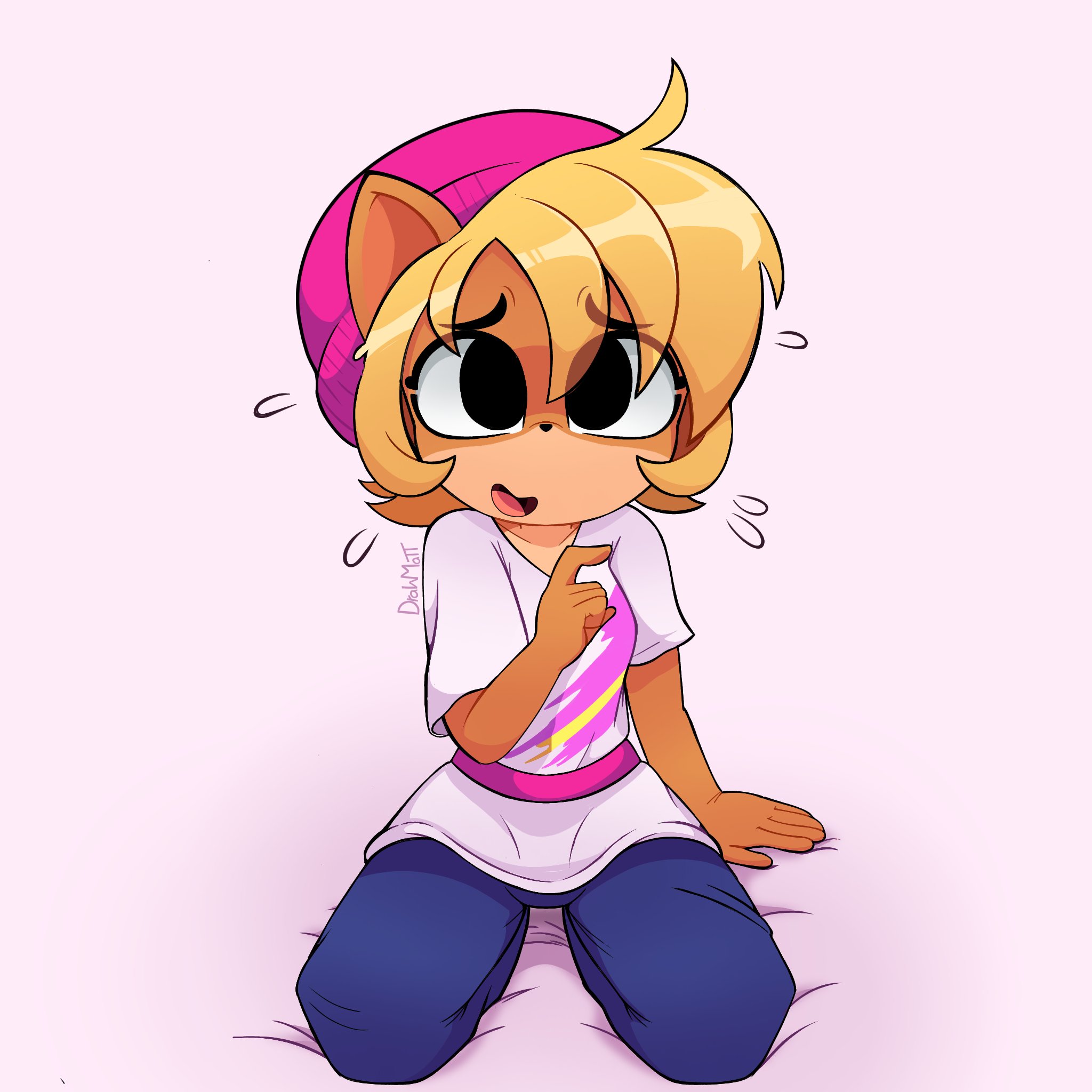 1girls, 2023, 2d, 2d (artwork), 5 fingers, alternate costume, alternate hairstyle, alternate version available, anthro, anthro only, artist name, artist signature, bandicoot, bangs, beanie, belt, black eyes, black nose, blonde, blonde female, blonde hair, bodily fluids, bottomwear, breasts, clothed, clothed female, clothes, clothing, coco bandicoot, commission, crash (series), curvaceous, curvy, curvy body, curvy figure, digital drawing (artwork), digital media (artwork), drawmatt, eyebrows, eyebrows visible through hair, eyelashes, eyes visible through hair, female, female only, femsub, fit, fit female, flat chest, flat chested, front view, full body, fully clothed, fur, furry, furry ears, furry only, hat, headgear, headwear, hi res, hips, humanoid, imminent sex, kneeling, kneeling female, looking at viewer, mammal, mammal humanoid, marsupial, medium hair, nervous, nervous smile, nervous sweat, no humans, on knees, open mouth, open smile, orange body, orange fur, pants, petite, petite body, petite female, shiny hair, shirt, shy, simple background, slim waist, small breasts, smile, smiling, smiling at viewer, solo, solo female, submissive, submissive female, sweat, sweating, tag panic, teenage female, teenager, thick thighs, thighs, topwear, two-tone body, two-tone fur, white background, wide hips, young