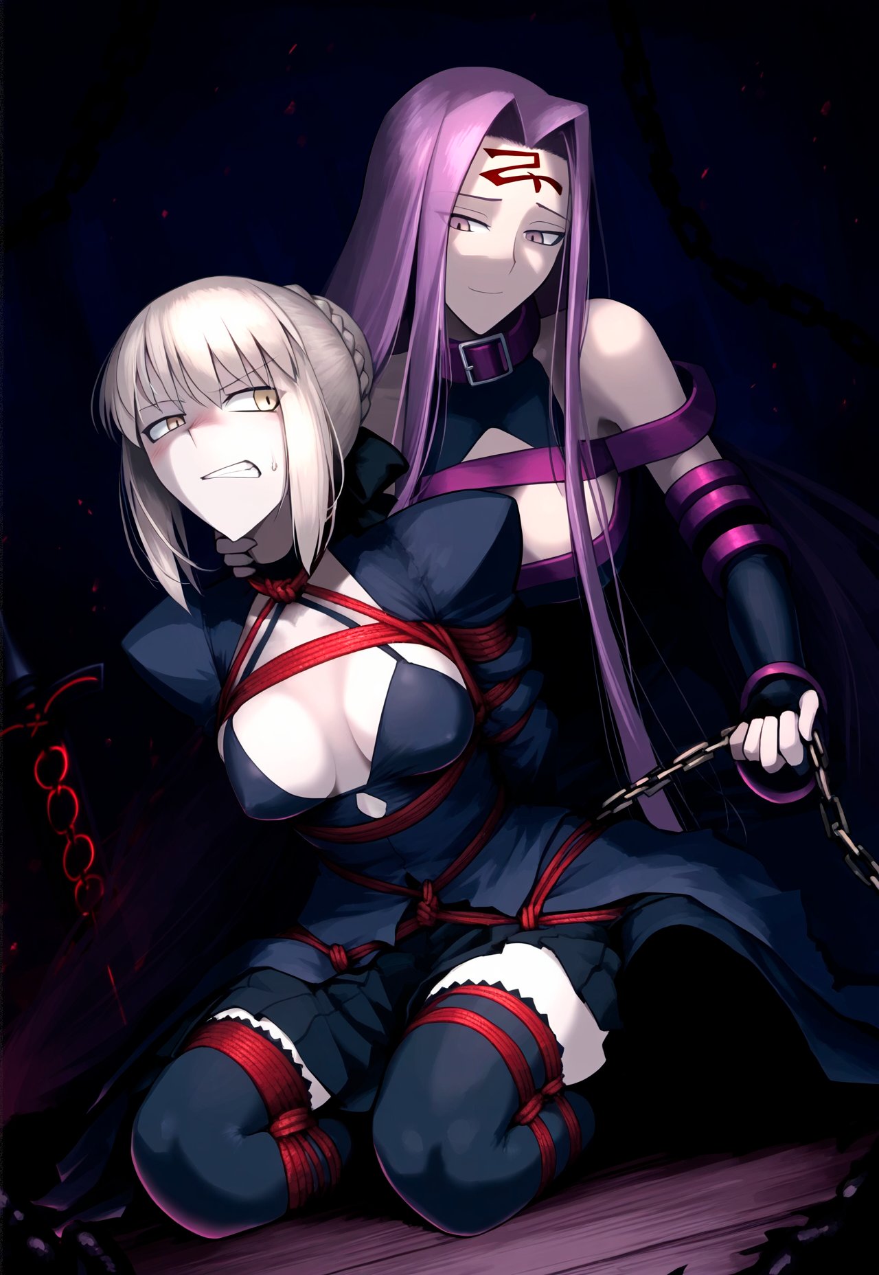 2girls ai_generated angry artoria_pendragon artoria_pendragon_(alter) blush bondage bound_arms bound_legs breasts captured cave cavern chains cleavage dark defeated defeated_villainess duo fate/grand_order fate/stay_night fate_(series) grabbing_neck indoors long_hair medusa_(fate) medusa_(rider)_(fate) neck_grab rider saber_alter yuri