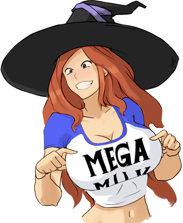 breasts cleavage clothes_writing dragon's_crown drawfag female funny hat huge_breasts lips mega_milk midriff navel pointing pointing_at_self red_hair solo sorceress_(dragon's_crown) t-shirt taut_shirt tight_clothes witch_hat