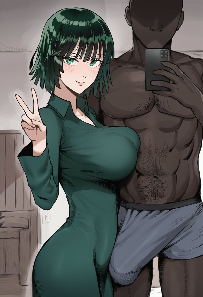 ai generated, big breasts, bulge, bulge through clothing, dress, fubuki (one-punch man), green eyes, green hair, interracial, netorare, one-punch man, tight dress