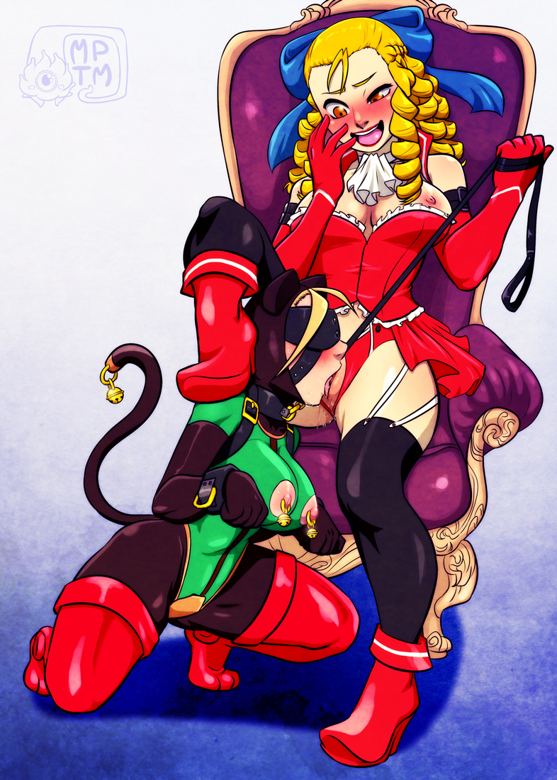 2girls, blindfold, blonde hair, blue ribbon, blush, bondage, breasts, cammy white, cat ears, collar, cunnilingus, domination, exposed breasts, female, female only, femdom, hair, human, karin kanzuki, leash, multiple females, multiple girls, my pet tentacle monster, nipple piercing, nipples, oral, oral sex, piercing, ponytail, pussy, red eyes, restrained, sitting cunnilingus, street fighter, tail, throne, throne sex, tied hair, yuri