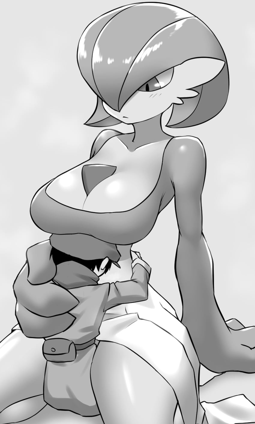 1boy alpha_pokémon alpha_pokemon arm_support between_legs blush bob_cut breasts breath cabbie_hat cleavage closed_mouth collarbone cowgirl_position expressionless fanny_pack female female_gardevoir from_behind gardevoir grey_background greyscale hair_over_one_eye hand_on_another's_back hat hug interspecies japanese_clothes kimono large_breasts light_blush long_sleeves looking_down low-cut monochrome one_eye_covered pero_(pero7762) pokemon pokemon_(species) pokemon_legends:_arceus rei_(pokemon) scarf shiny_skin short_hair simple_background sitting size_difference solo_focus steam steaming_body straight tall tall_female thighs_expansion