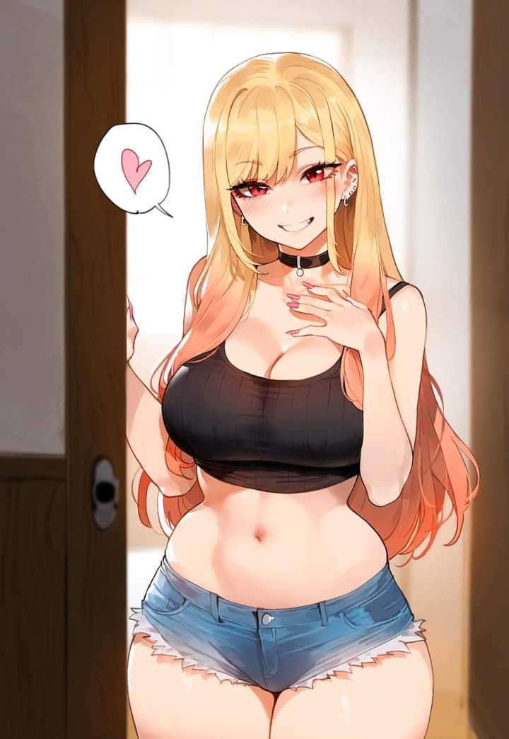 ai generated, black choker, black tank top, blonde hair, blush, breasts, choker, denim shorts, earrings, female, gradient hair, gyaru, heart, hourglass figure, kitagawa marin, large breasts, light skin, light-skinned female, long hair, looking at viewer, mommy, multicolored hair, nail polish, narrow waist, navel, red eyes, smiling at viewer, sole female, solo, sono bisque doll wa koi wo suru, standing, thighs, wide hips