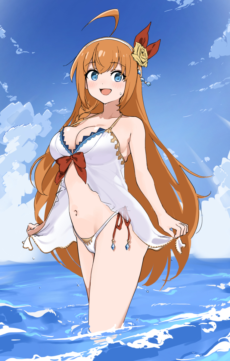 :d ahoge bare_shoulders bikini blue_eyes blue_sky blush braid breasts cloud collarbone cowboy_shot day female flower fried_bocky groin hair_between_eyes hair_flower hair_ornament hair_ribbon highres large_breasts long_hair looking_at_viewer navel open_mouth orange_hair outdoors pecorine pecorine_(princess_connect!) pecorine_(summer)_(princess_connect!) princess_connect! ribbon side-tie_bikini_bottom sky smile solo standing stomach swimsuit wading water water_drop white_bikini