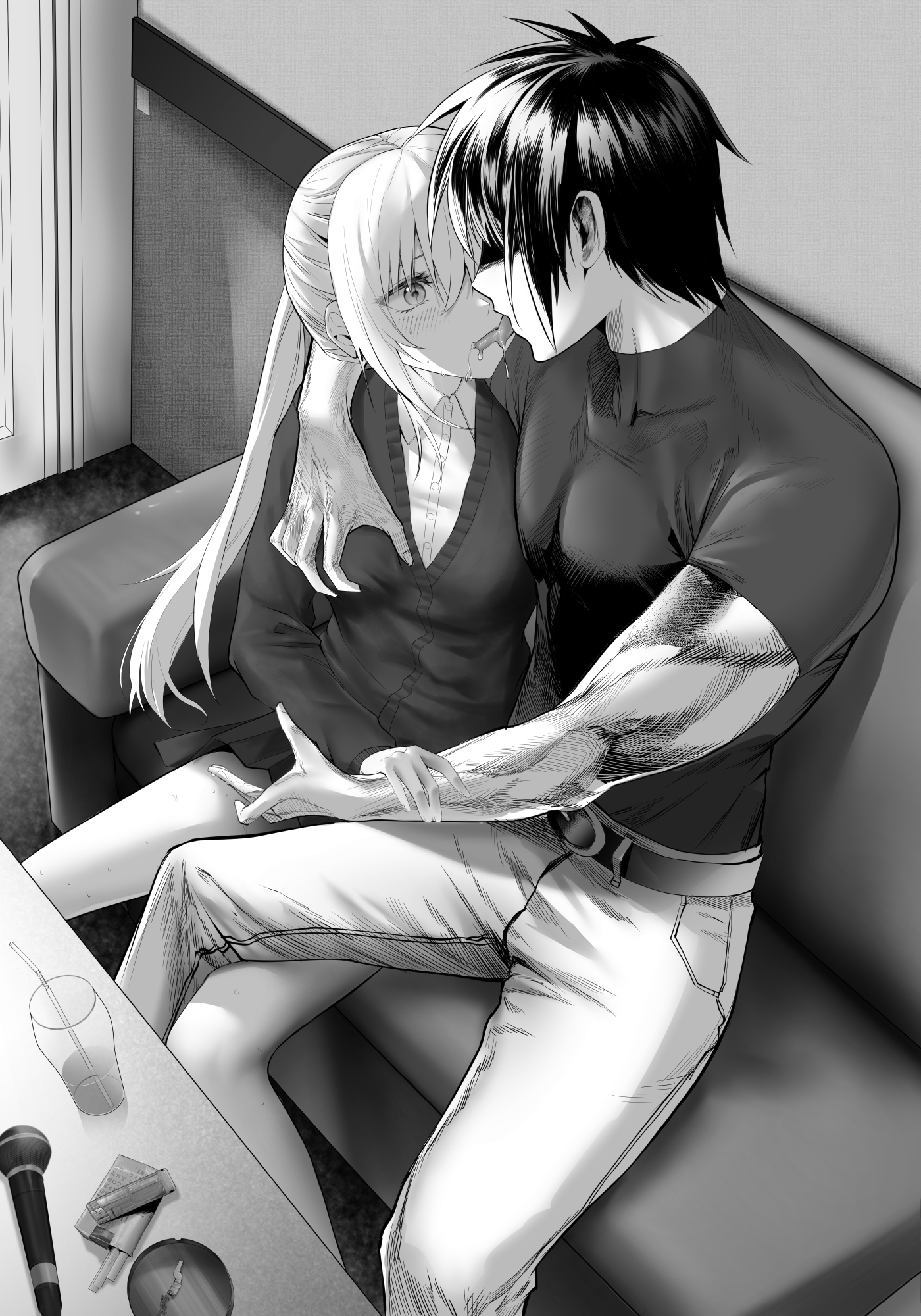 1boy, 1girls, blush, breast grab, breasts, cigarette, drink, female, fingering, french kiss, greyscale, groping, karaoke, kawaii dake ja nai shikimori-san, kissing, male, microphone, monochrome, muscular, muscular male, ntr, pants, pussy, pussy juice, saliva, shikimori miyako, sitting, skirt, sweater, tongue, tongue out
