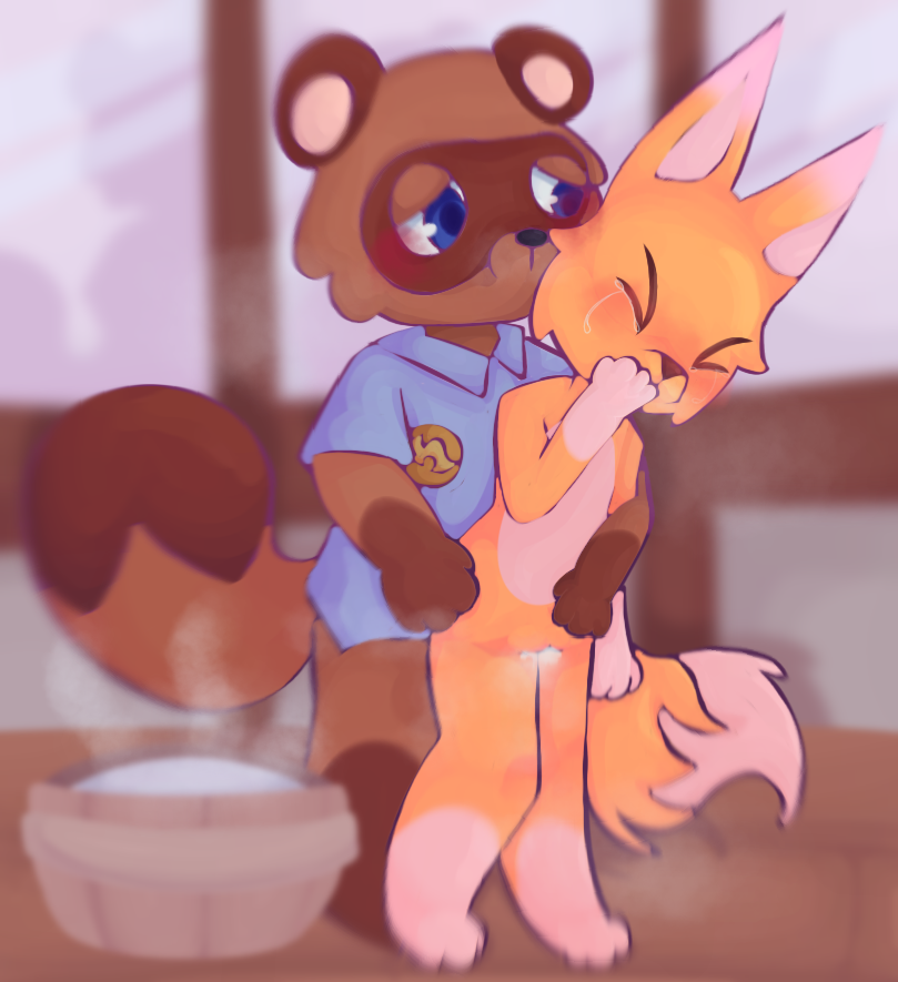 animal_crossing animal_tail bathhouse bending_over bent_forward bent_over blue_eyes closed_eyes crazy_redd crying crying_with_eyes_closed cum cum_in_pussy fox furry gay sauna simple_background steam tanuki tears tom_nook