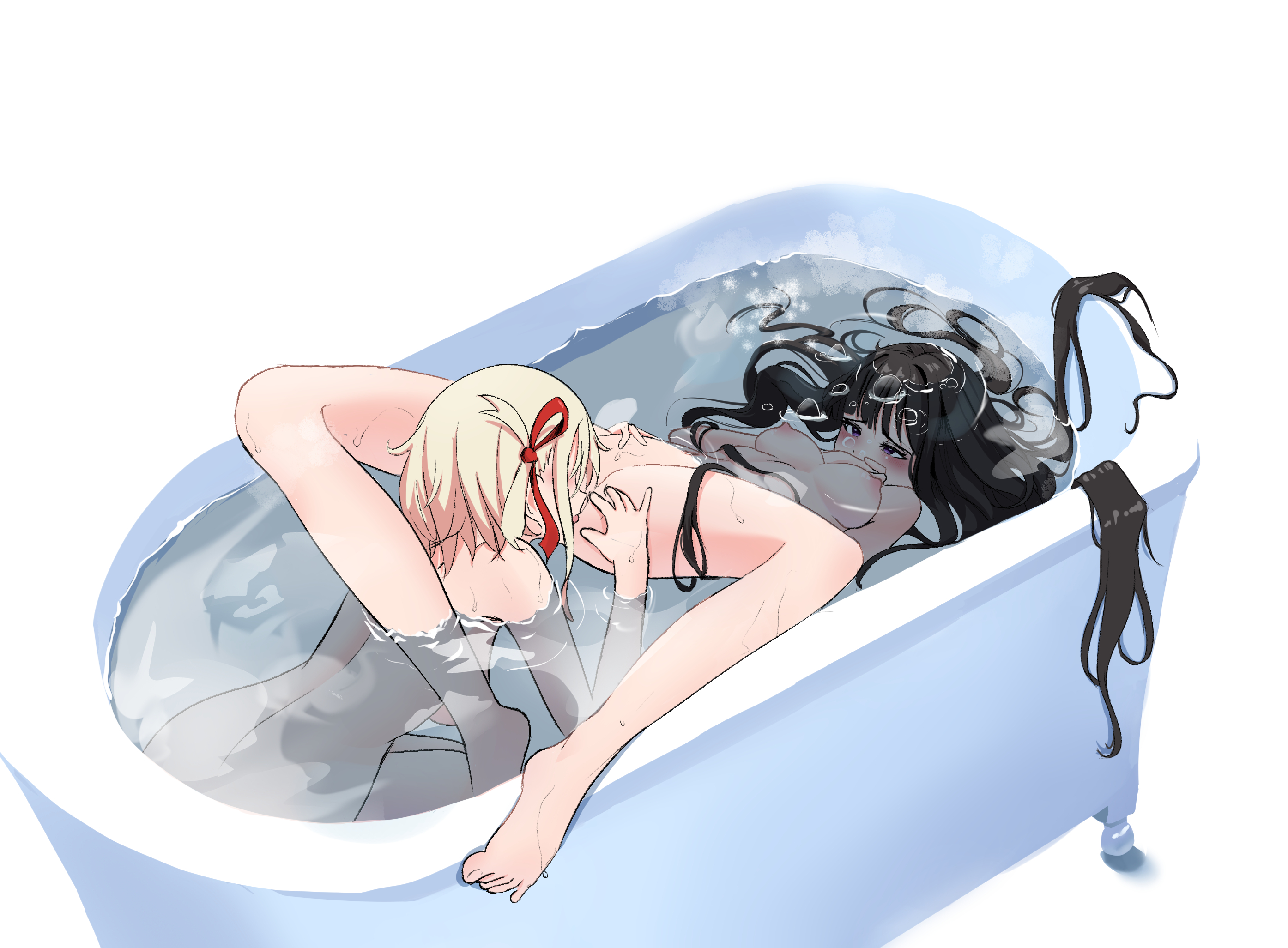 2girls, bath, bathroom, bathtub, black hair, blonde hair, breasts, cunnilingus, female, female only, female/female, full body, head underwater, in bathtub, inoue takina, leg lock, lesbian sex, long hair, looking pleasured, lycoris recoil, marima666 (artist), multiple females, multiple girls, nishikigi chisato, nude, nude female, oral, oral sex, partially submerged, pussy, pussy licking, shared bathing, simple background, small breasts, spread legs, white background, yuri