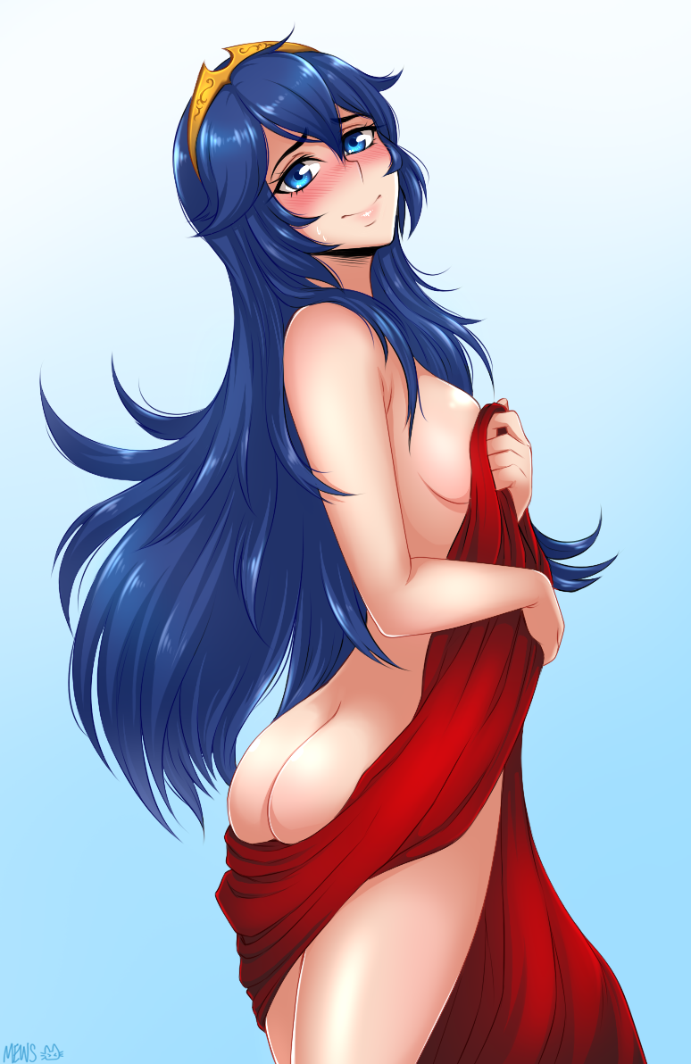 1girls ass bad_censor blanket blue_eyes blue_hair blush breasts covering covering_breasts female fire_emblem fire_emblem_awakening gradient gradient_background long_hair looking_at_viewer lucina_(fire_emblem) nintendo nude shawl sheet sheet_grab sideboob smile solo spewing_mews standing thighs