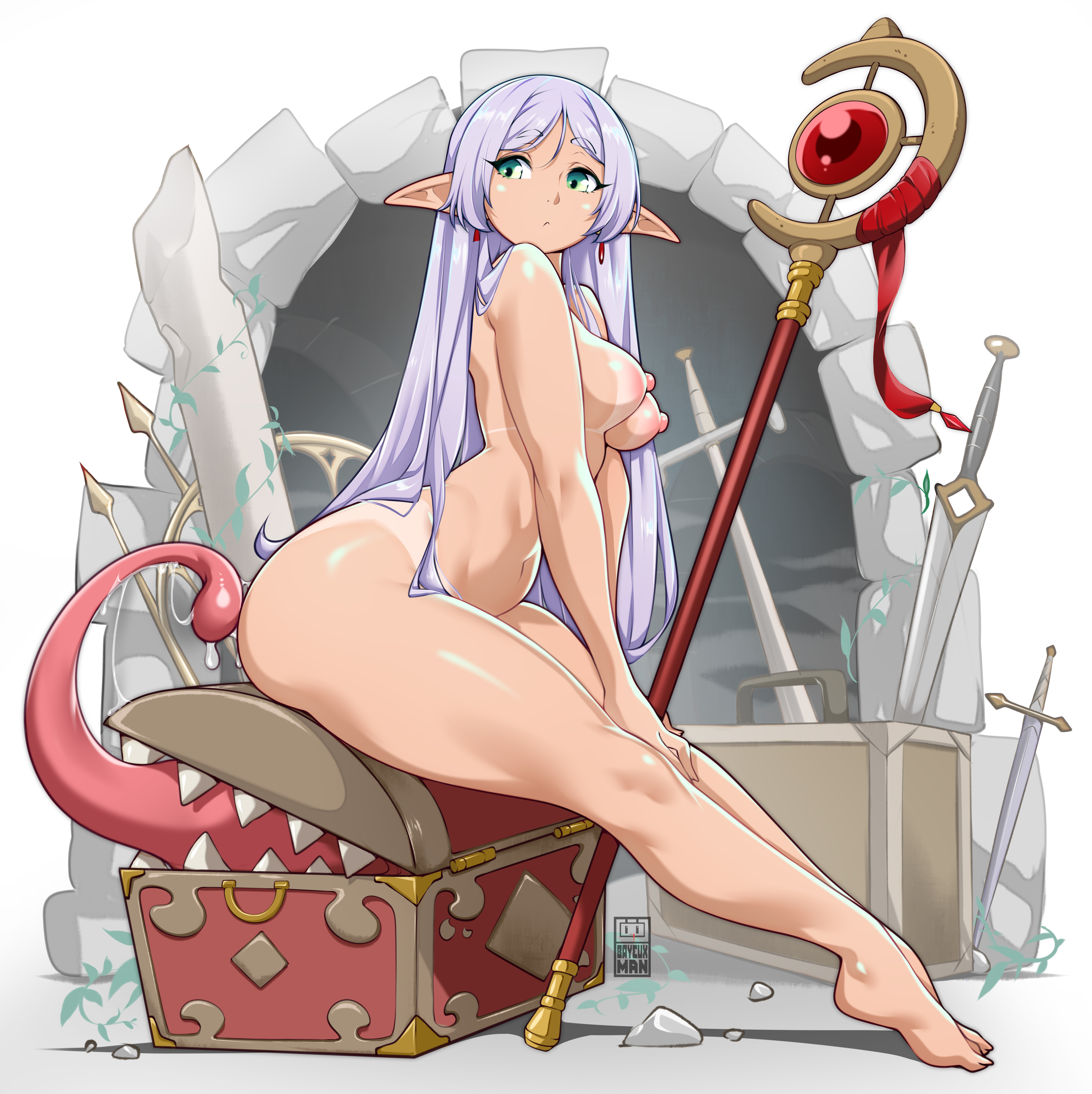 1girls, absurd res, areolae, ass, bare shoulders, barefoot, bayeuxman, breasts, completely naked, completely nude, earrings, elf, feet, female, female focus, female only, frieren, frieren stuck in a mimic (meme), full body, green eyes, hi res, jewelry, legs, licking ass, long hair, long tongue, medium breasts, mimic, mimic chest, monster, naked, naked female, navel, nipples, nude, nude female, pointy ears, solo, solo female, solo focus, sousou no frieren, staff, sword, tan body, tan skin, tan-skinned female, tanline, tanlines, tanned skin, thick ass, thick thighs, thighs, tongue, uncensored, very long hair, white hair, wide hips