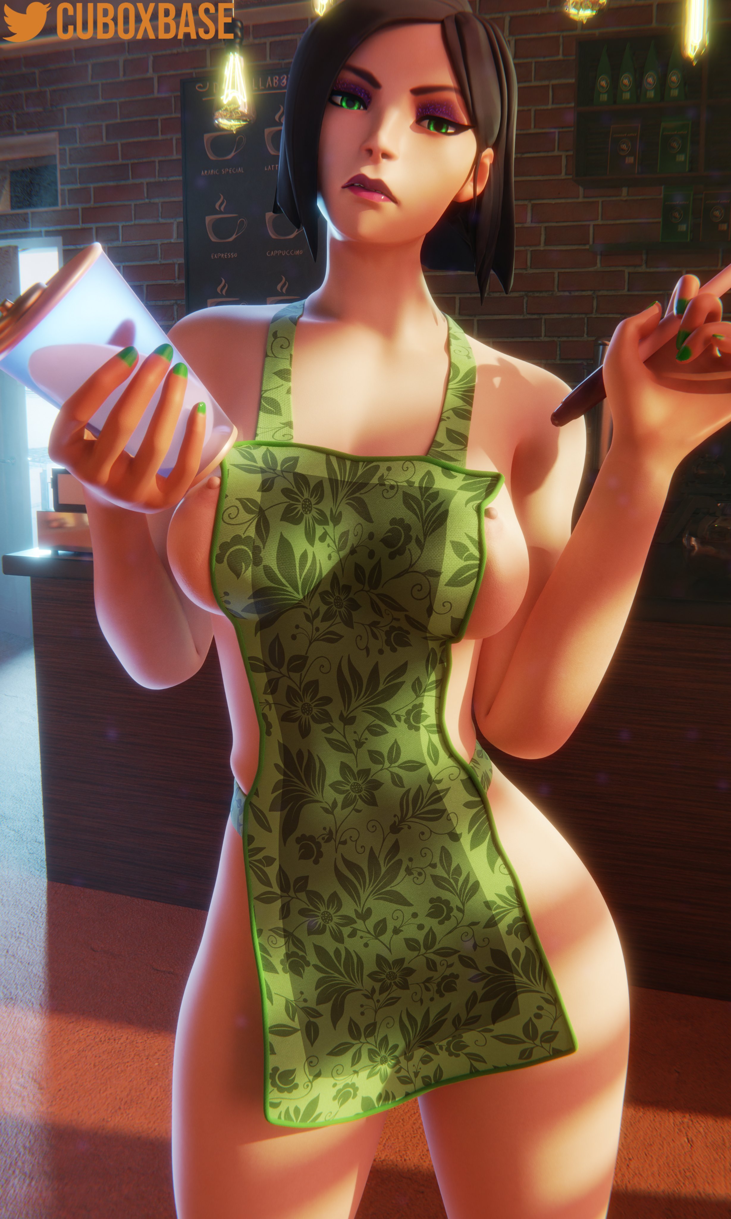 apron only, black hair, breasts, coffee cup, cuboxbase, female, hi res, highres, riot games, valorant, viper (valorant)