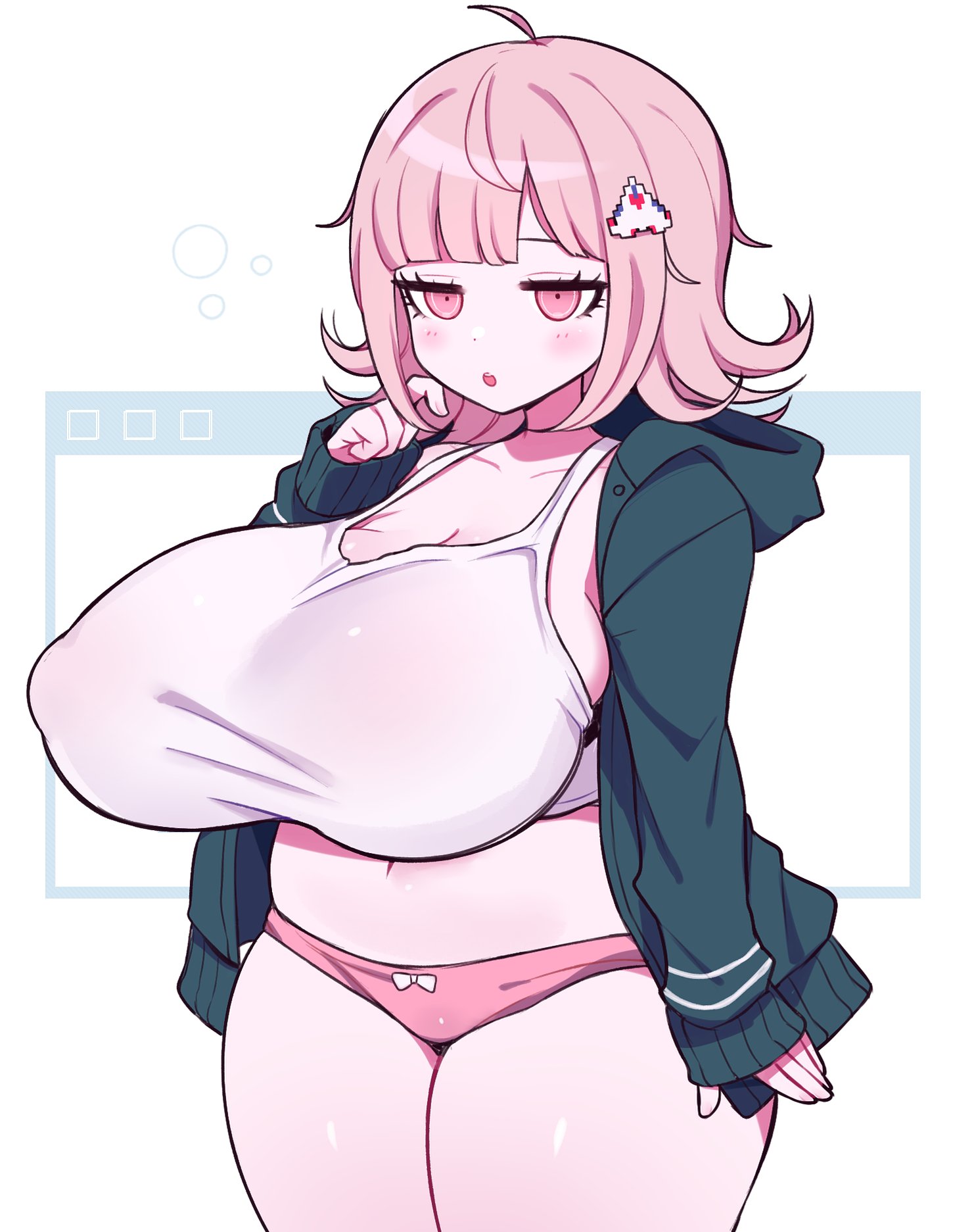 1girls, barely visible nipples, bedroom eyes, belly, blush, bow panties, breasts, center opening, clarevoir, danganronpa, danganronpa 2: goodbye despair, female, female only, gigantic breasts, half-closed eyes, nanami chiaki, nipple bulge, open jacket, panties, see-through clothing, sleepy, thick thighs, wide hips, yawning