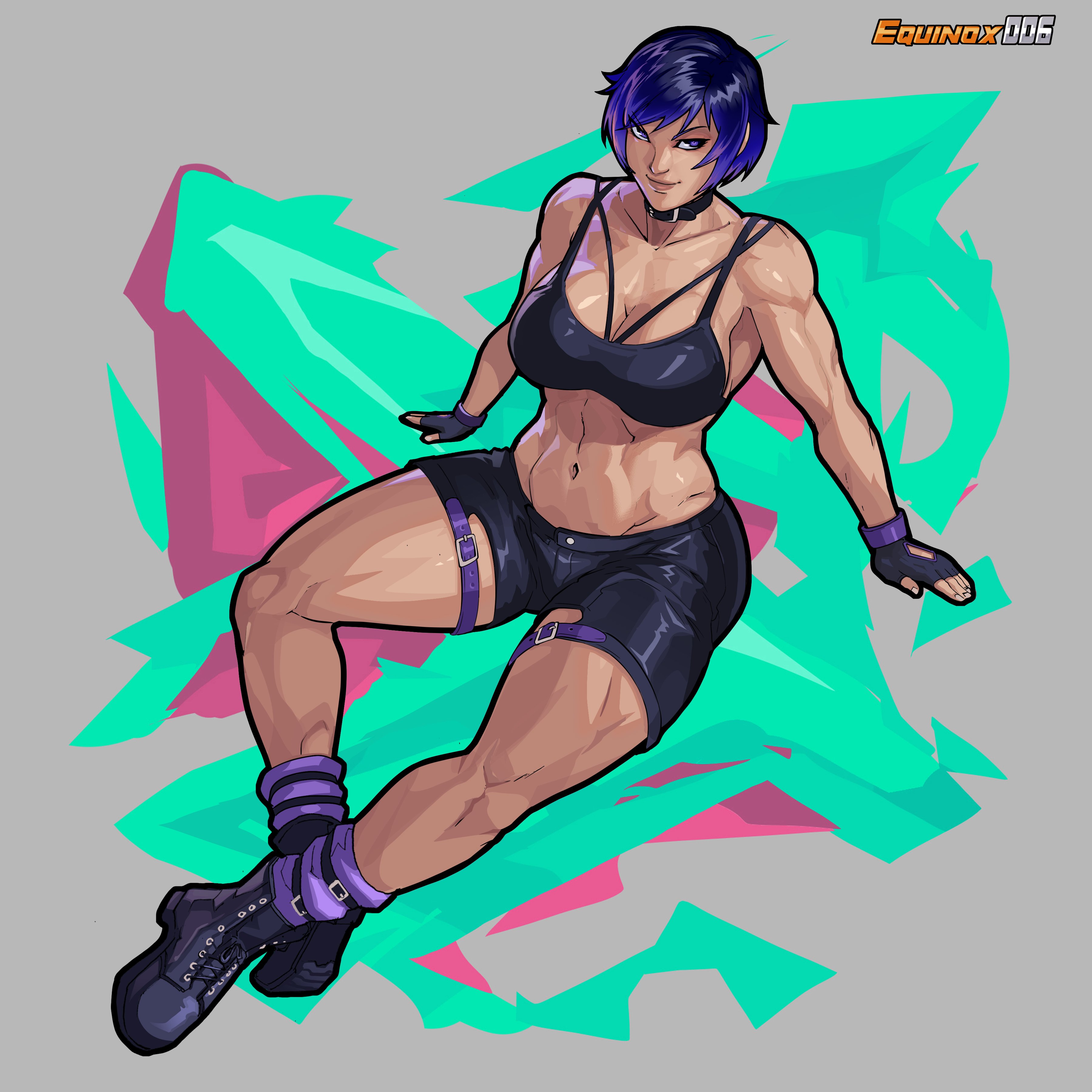 1girls, abs, big breasts, black hair, breasts, busty, cleavage, curvaceous, curvy, curvy body, curvy female, curvy figure, equinox006, female, female focus, female only, fully clothed, hourglass figure, muscle tone, muscles, namco, purple eyes, purple hair, reina mishima, sitting, solo, tekken, tekken 8, thick thighs, toned, toned female, two-tone hair, wide hips