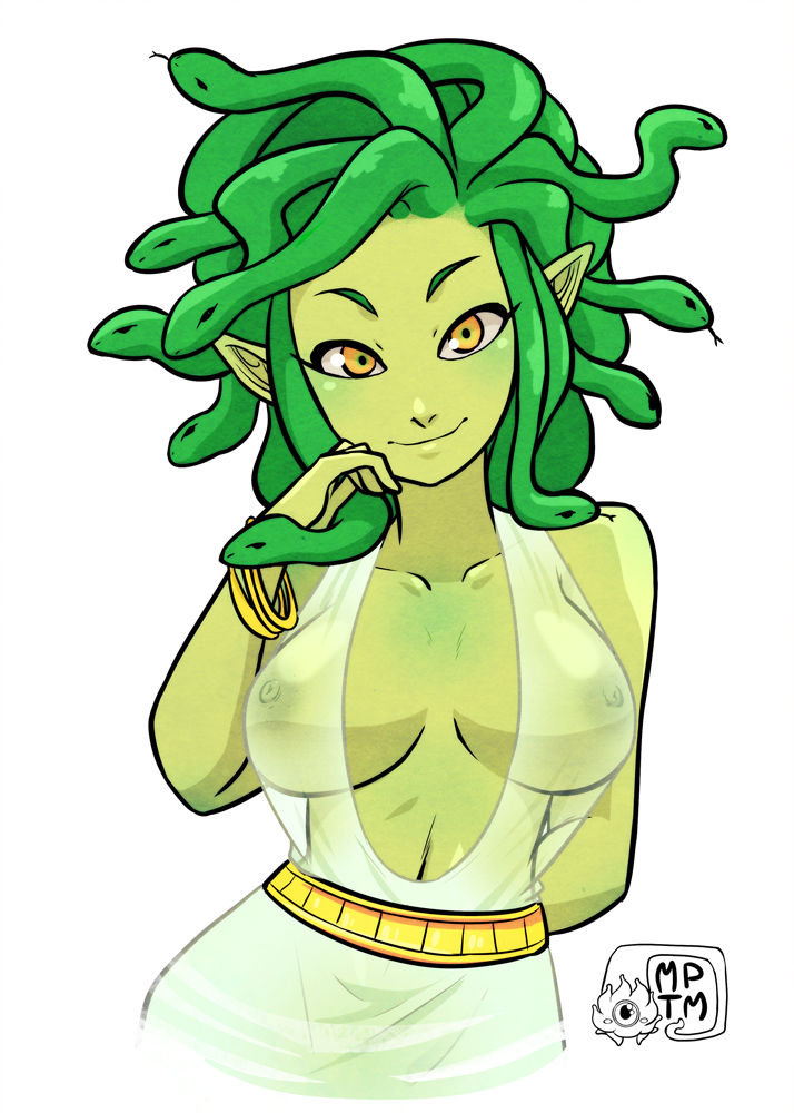 demon, erect nipples, erect nipples under clothes, female, gorgon, greek mythology, looking at viewer, medusa, medusa (greek mythology), monster girl, my pet tentacle monster, nipples, see-through, snake, solo