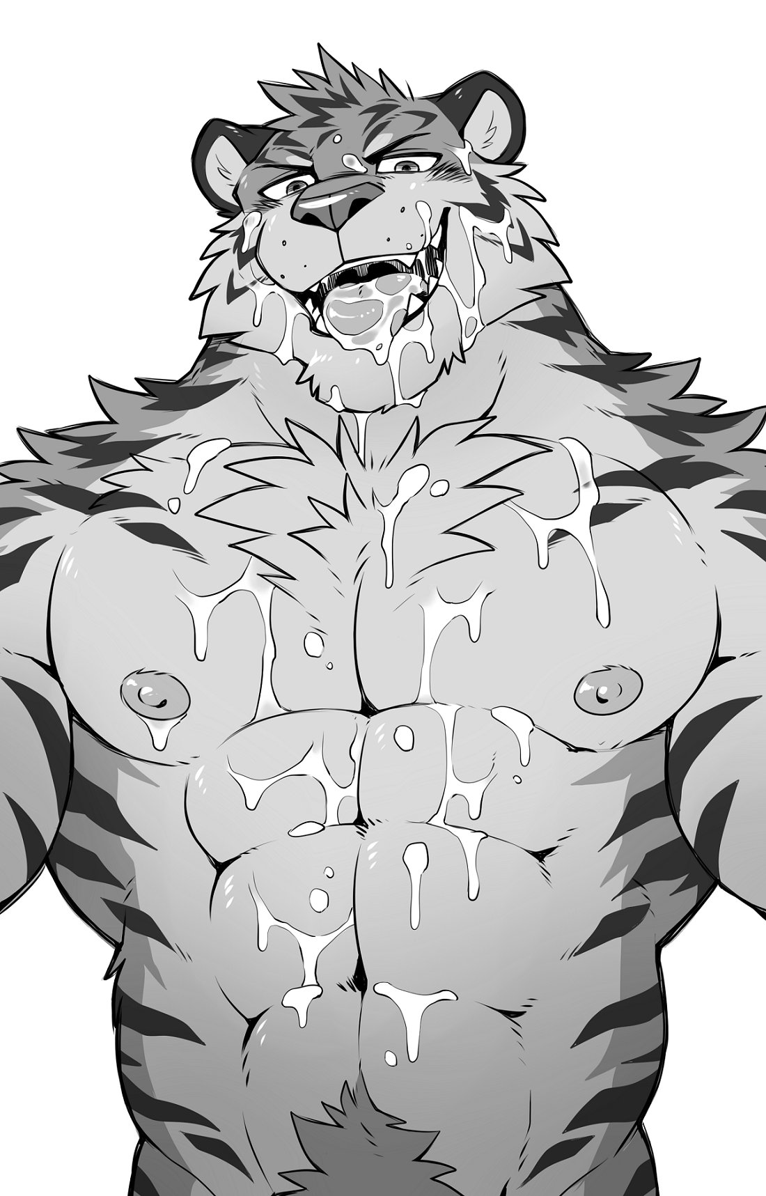 2018 abs anthro chest_tuft digital_media_(artwork) feline fur hi_res male male_only mammal muscular muscular_male nipples open_mouth pecs simple_background stripes takemoto_arashi tiger tongue tuft