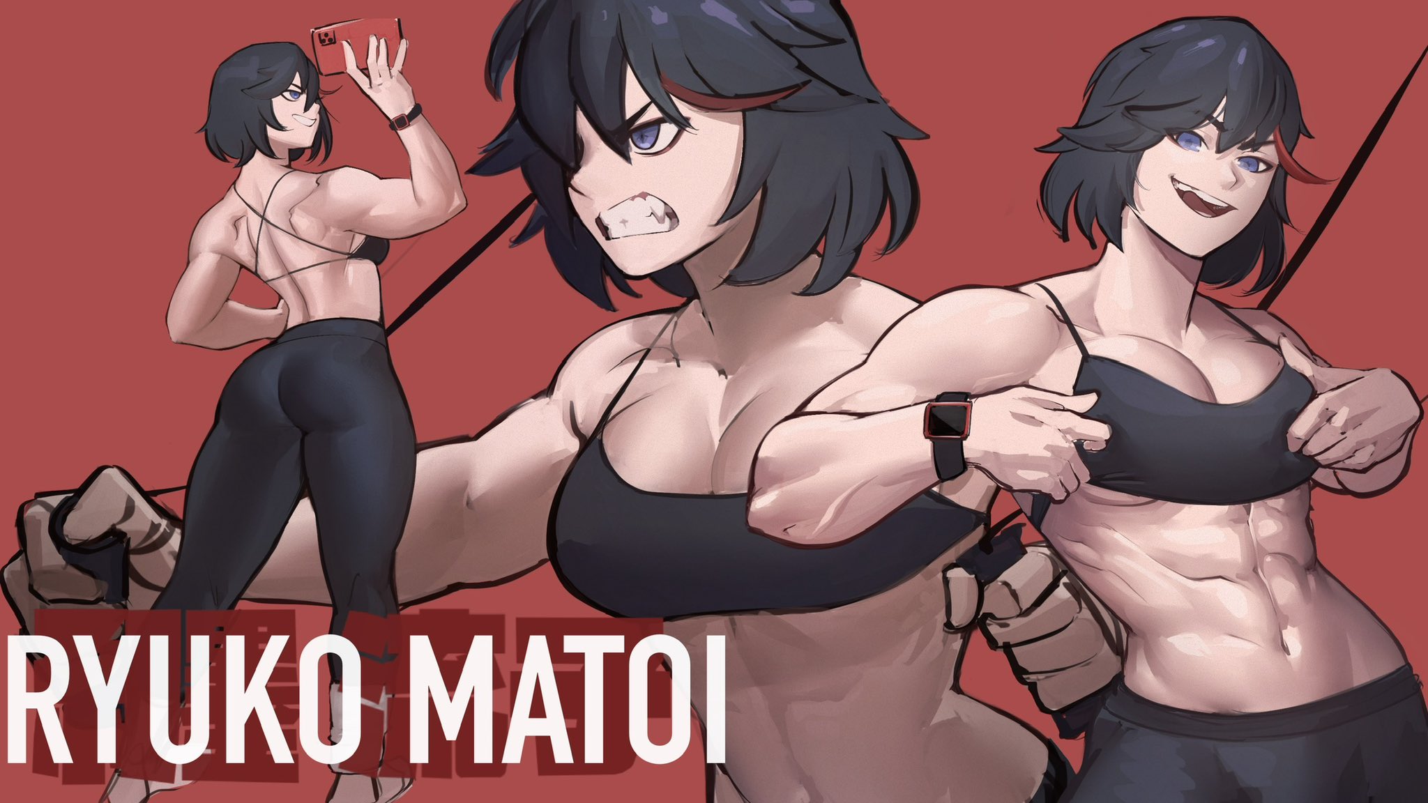 1girls, abs, aged up, ass, back, back view, bare arms, bare shoulders, big ass, big breasts, big butt, black hair, black-haired female, blue eyes, breasts, clothed, clothing, color, exercise, female, female focus, female only, gym, gym clothes, hi res, kill la kill, large breasts, light skin, light-skinned female, looking at viewer, matoi ryuuko, muscles, muscular, muscular arms, muscular back, muscular female, short hair, solo, solo female, sports bra, tagme, thick thighs, workout, zukululuu