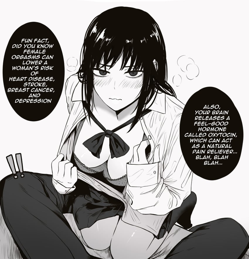 1boy 1boy1girl 1girls autism autistic between_legs black_hair blush blushing bra breasts chainsaw_man cleavage clothed clothing dialogue female female_focus femcel i_need_her info_dumping kneeling looking_at_another looking_at_partner looking_at_viewer male masoq095 meme mitaka_asa monochrome on_knees pov removing_clothing school_uniform schoolgirl seductive seductive_look skirt spread_legs unbuttoned_shirt undressing