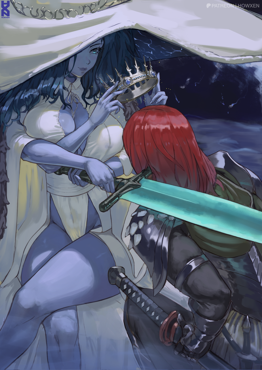 2girls big_breasts blue_body boob_window bottomless cleavage dark_moon_greatsword elden_ring female female_only fromsoftware howxen moonlight_greatsword ranni_the_witch tarnished thick_thighs wholesome wife_and_wife yuri