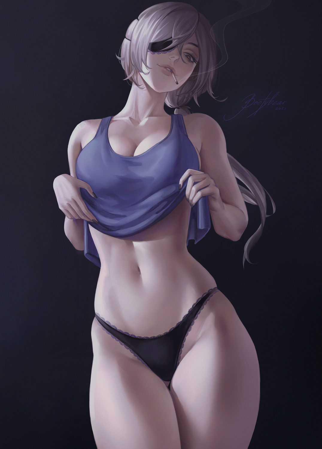 1girls, abs, barely clothed, big breasts, bootybear, breasts, chainsaw man, cigarette, cleavage, eye patch, eyepatch, female, female only, fit, fit female, light skin, light-skinned female, long hair, looking at viewer, messy hair, midriff, navel, no bra, panties, ponytail, quanxi (chainsaw man), shirt, shirt lift, sideboob, silver hair, slim waist, smoking, solo, solo female, tank top, thick, thick thighs, thigh gap, thighs, thin waist, toned, toned female, undressing, voluptuous, voluptuous female, wide hips