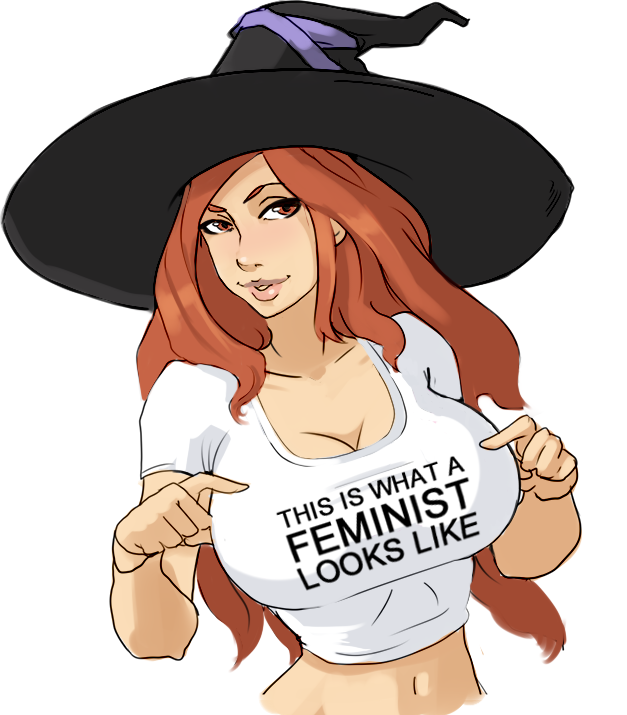 breasts cleavage clothes_writing dragon's_crown drawfag female feminism feminist hat huge_breasts lips midriff navel pointing pointing_at_self politics red_hair solo sorceress_(dragon's_crown) t-shirt taut_shirt tight_clothes witch_hat