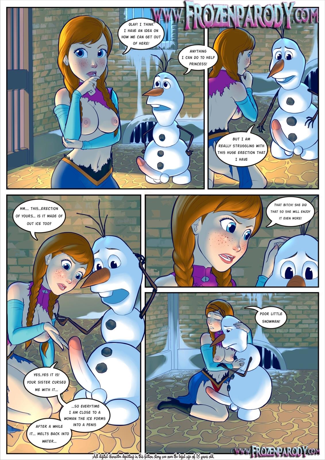 anna_(frozen) balls breasts brunette comic disney english_text erection female freckles frozen_(film) frozenparody.com male nipples olaf_(frozen) penis snowman testicles