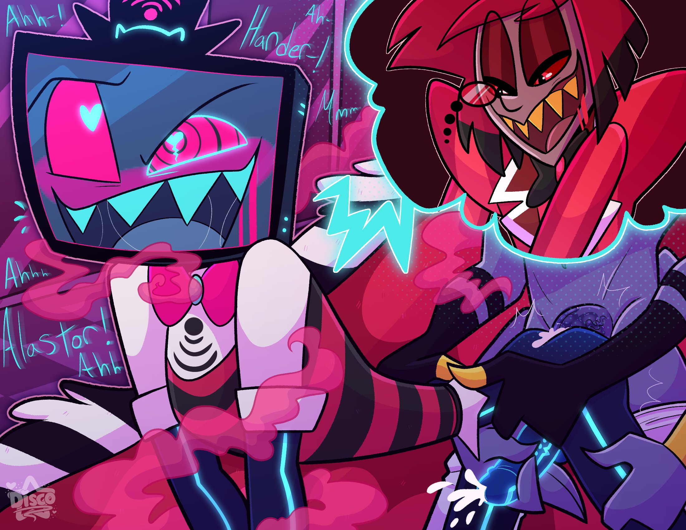 alastor (hazbin hotel), anal, anal sex, ass, blue penis, blue skin, bound, color, cum, cum in ass, cum inside, daydream, demon, disco draws, drooling, drugged, half naked, half-dressed, hallucination, hands on hips, hands on thighs, hazbin hotel, heart eyes, heart-shaped pupils, horny, imagining, loving gaze, loving it, male, male only, male penetrated, male penetrating, male penetrating male, male/male, orgasm, penis, purple skin, red eyes, shirt only, smoke, smoking, speech, tied, tied arms, tied up, valentino (hazbin hotel), vox (hazbin hotel)