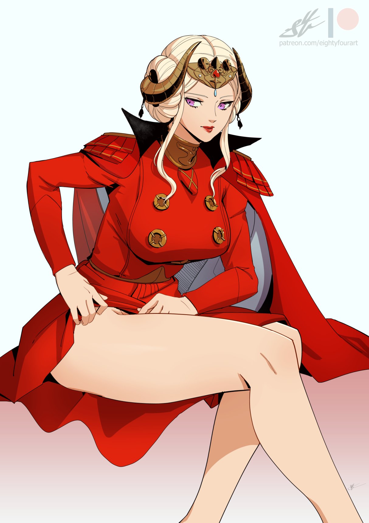 1girls artist_name bare_legs breasts buttons cape commentary dress edelgard_von_hresvelg eightyfourart eyelashes fake_horns feet_out_of_frame female female_only fire_emblem fire_emblem:_three_houses highres horns jewelry large_breasts legs lifted_by_self long_hair neck_ring nintendo patreon_logo patreon_username purple_eyes red_cape red_dress red_lips simple_background skirt_lift solo thighs white_background white_hair