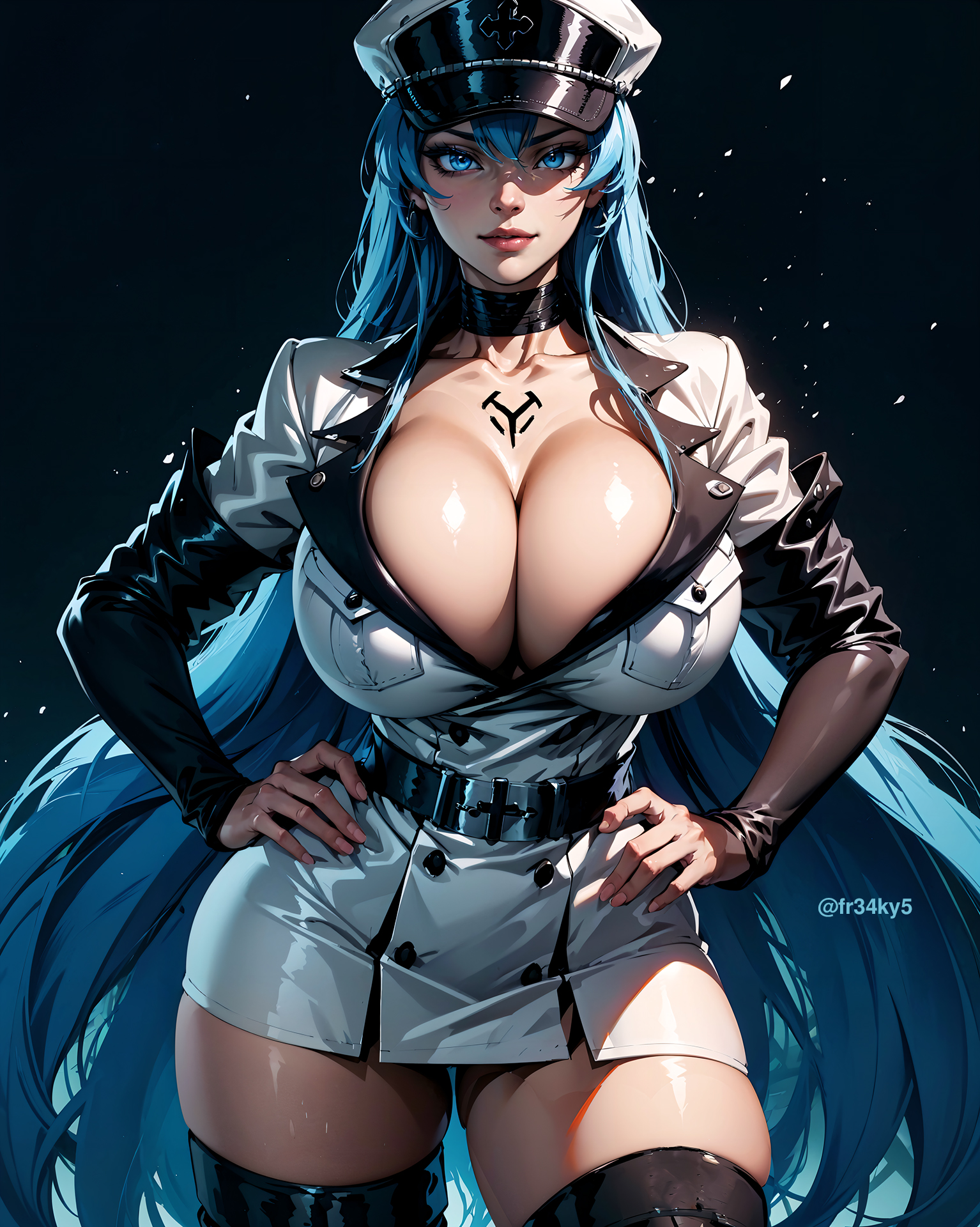 1girls, ai generated, akame ga kill!, ass, big ass, big breasts, big butt, blue eyes, blue hair, breasts, cap, cleavage, curvaceous, curves, curvy, curvy body, curvy female, curvy figure, curvy hips, esdeath (akame ga kill!), female, female only, fr34ky, gigantic ass, gigantic butt, gigantic thighs, heels, hi res, high heel boots, high heels, high resolution, highres, huge ass, huge breasts, light blue hair, long hair, long legs, massive ass, massive breasts, massive butt, massive thighs, shiny skin, solo, solo female, solo focus, stable diffusion, thick thighs, voluptuous, voluptuous female, wide hips
