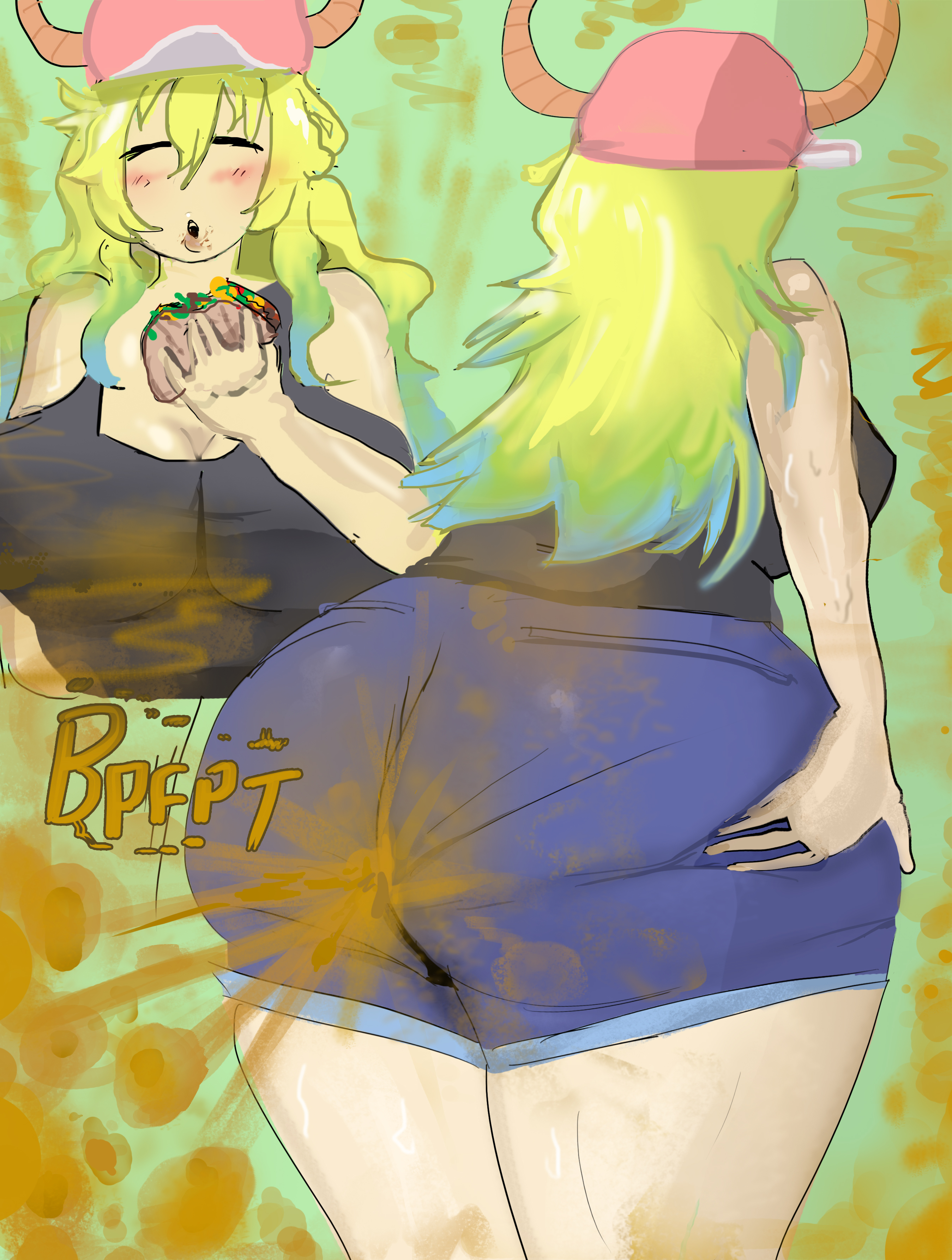 :o, 1girls, 1ststinksfirst, ass, bbw, big ass, big breasts, big butt, brap, breasts, chubby, chubby female, eating, fart, fart cloud, fart fetish, fat ass, female, gassy, gassy female, hotpants, huge ass, kobayashi-san chi no maidragon, lucoa, passing gas, quetzalcoatl (dragon maid), relief, ripping ass, spread ass, spread butt, thick thighs, thighs, wide hips
