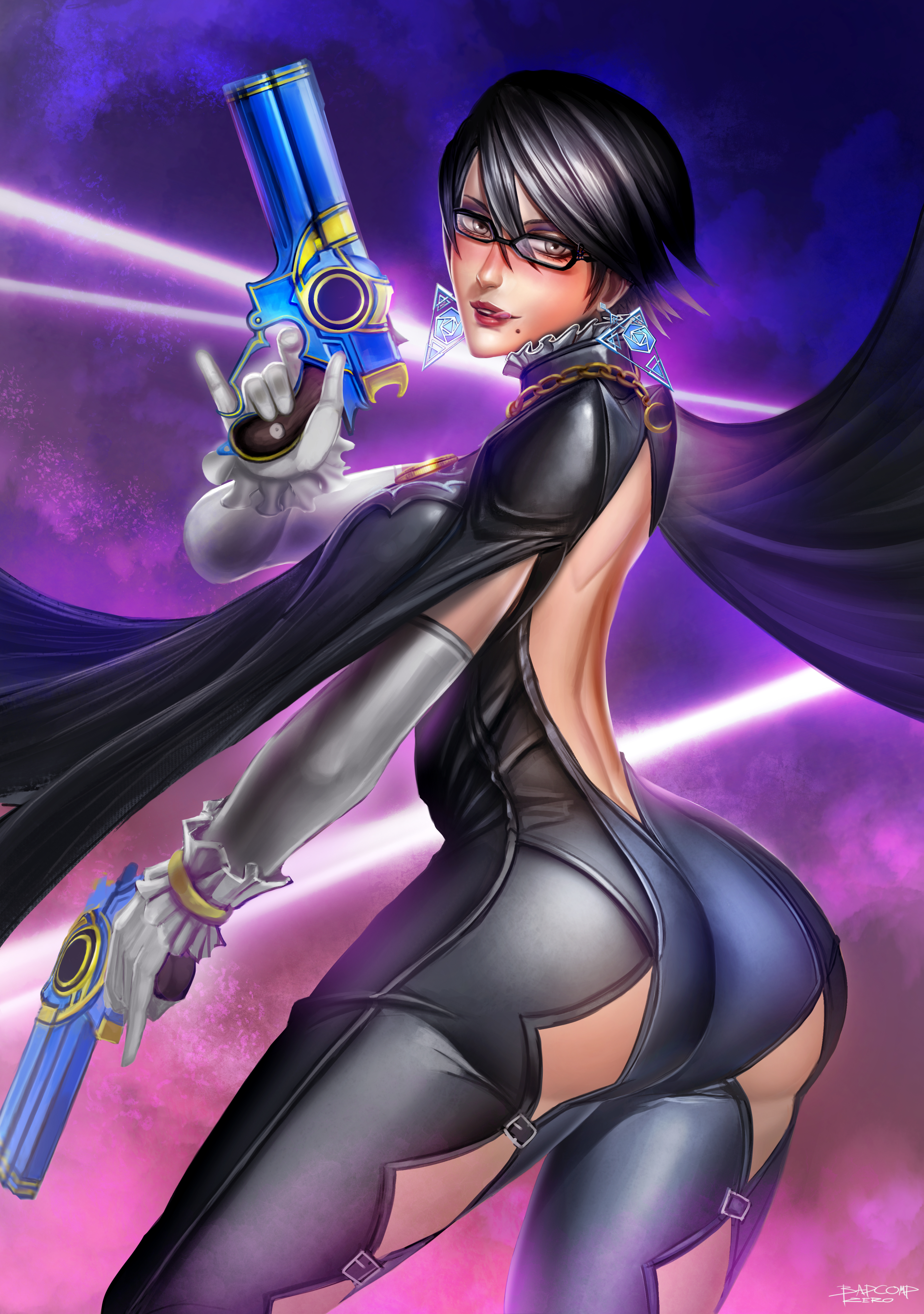 ass, badcompzero, bayonetta, bayonetta (character), bayonetta 2, breasts, dark hair, female, firearm, handgun, solo, weapon